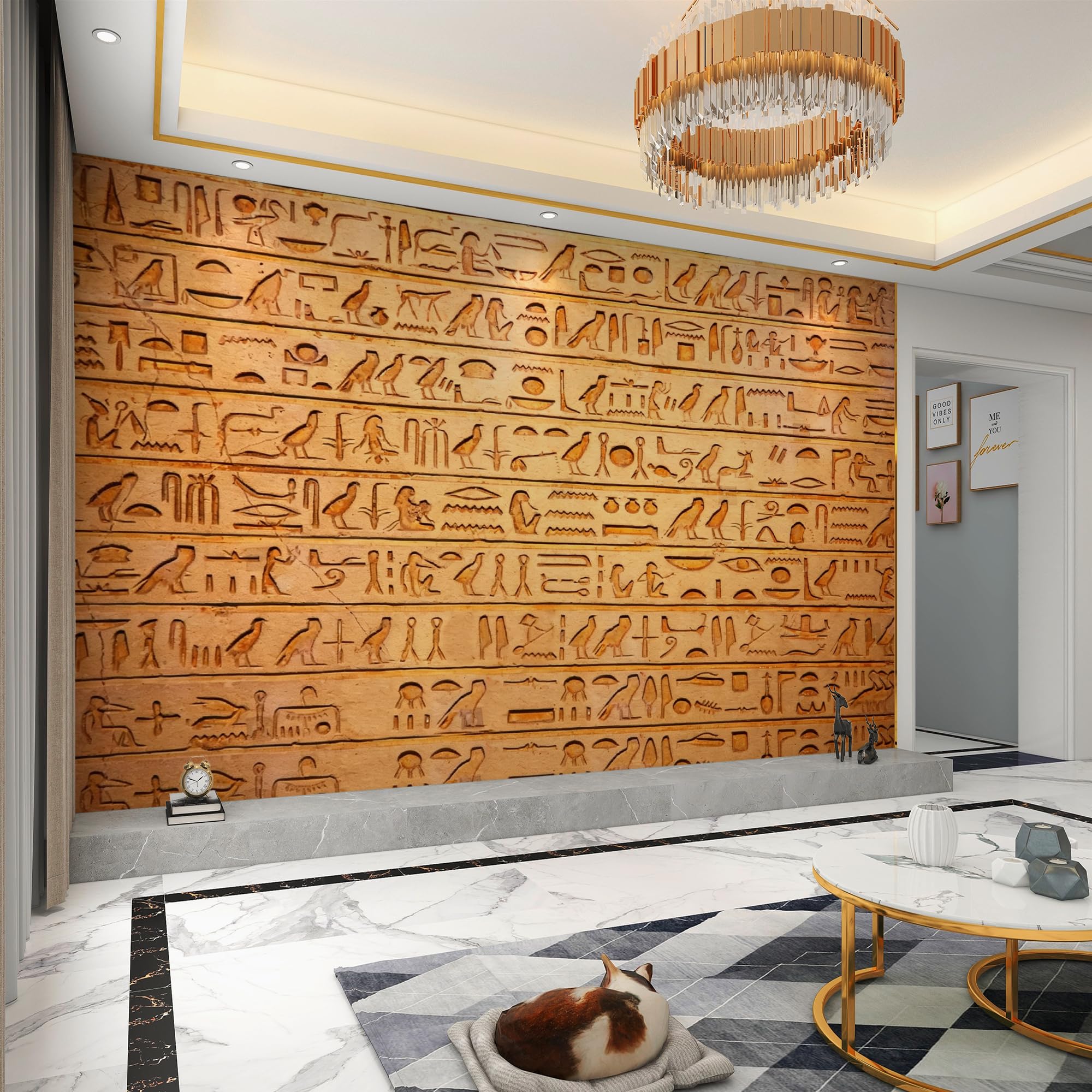 Papel Pintado 3D Jeroglíficos Papel Tapiz Fotomural 400x280cm Egipto Retro Papel Pintado Panorámico no Tejido Moderna Formato Grande Decoración Mural para Salón Dormitorio Oficina 4N397