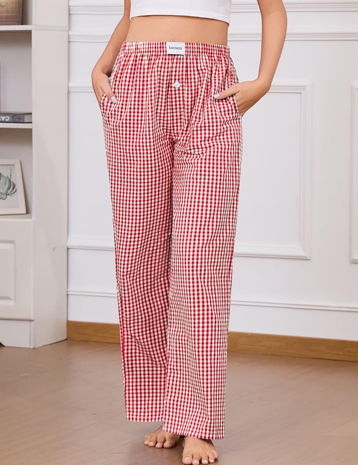 SWOMOG Women 100% Cotton Pajama Pants Striped Plaid Pj Trousers Drawstring Gingham Bottoms Casual Wide Leg Pant with Pocket - Image 3