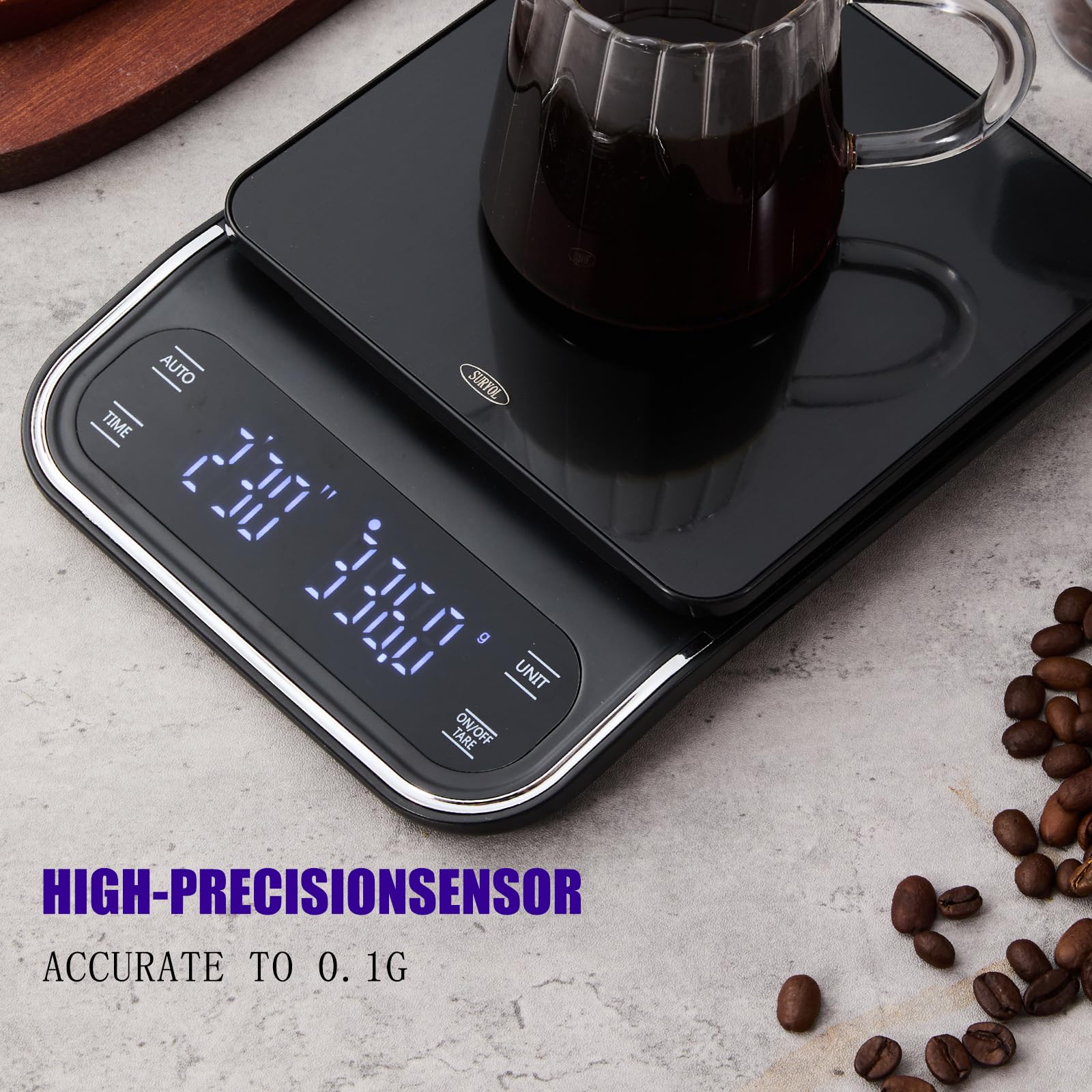 Kaffeewaage mit Timer, 0,1 g, Präzisions-Espressowaage für Kaffeebohnen wiegen, Barista-Brauen, USB-C-wiederaufladbare digitale Küchenwaage mit Auto-Timer, 3 kg Kapazität