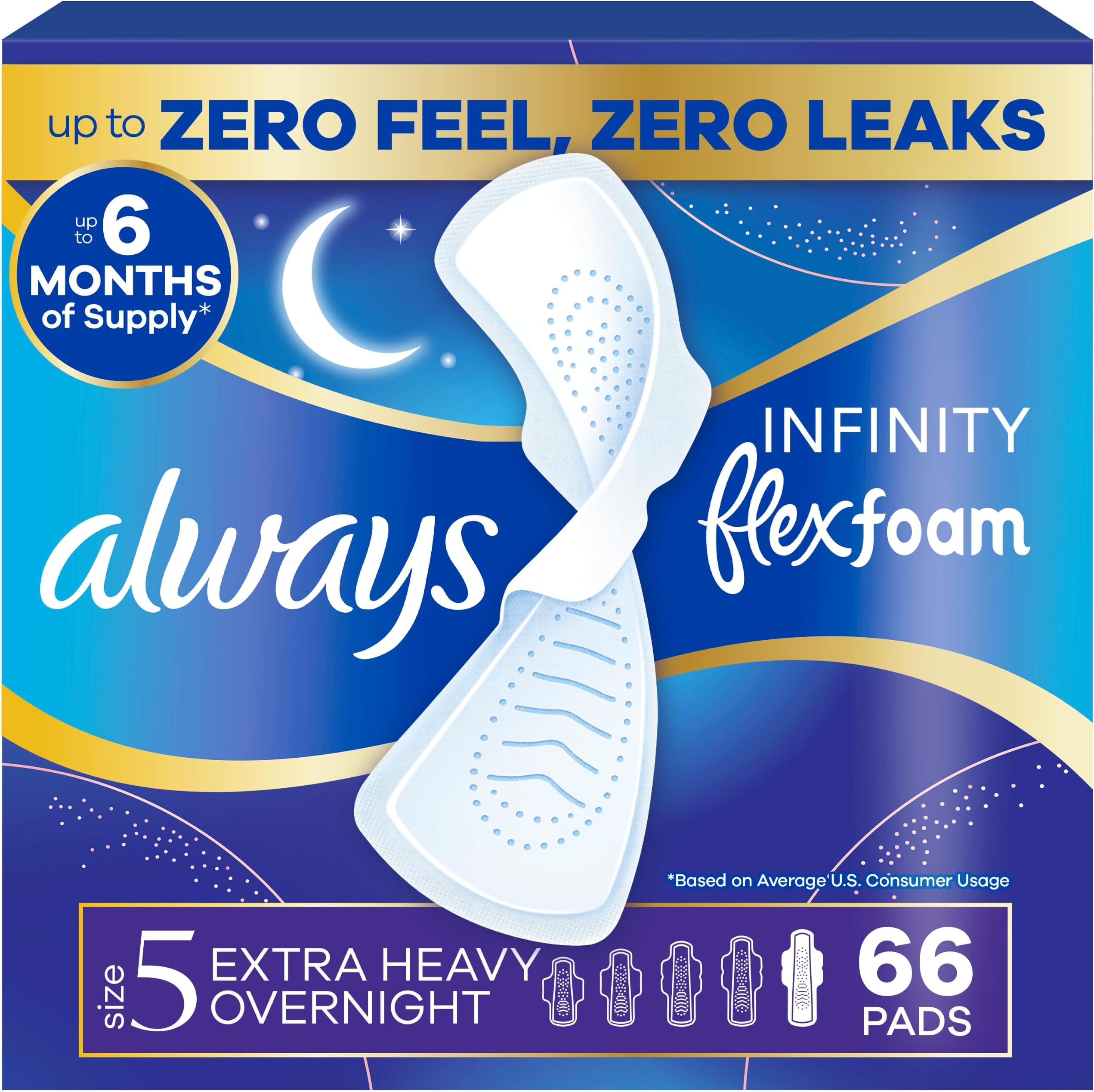 Infinity Feminine Pads for Women, Flexfoam Pads with Wings, Size 5, Extra Heavy Overnight Absorbency, Unscented, 66 Count (3 Packs of 22)