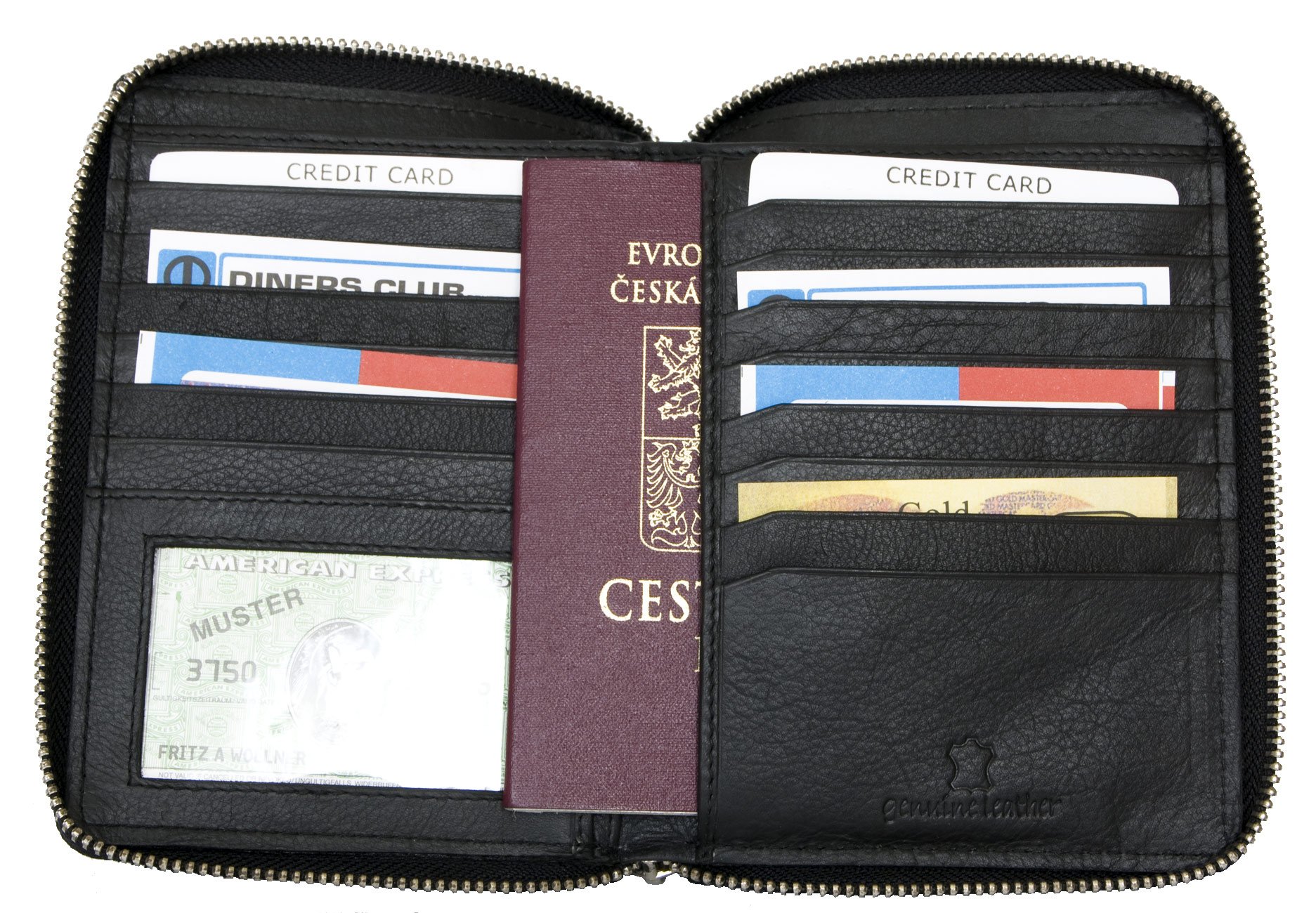 Cerniera intorno genuino custodia da viaggio nera in vera pelle suave per il passaporto, la carta d'imbarco e le carte