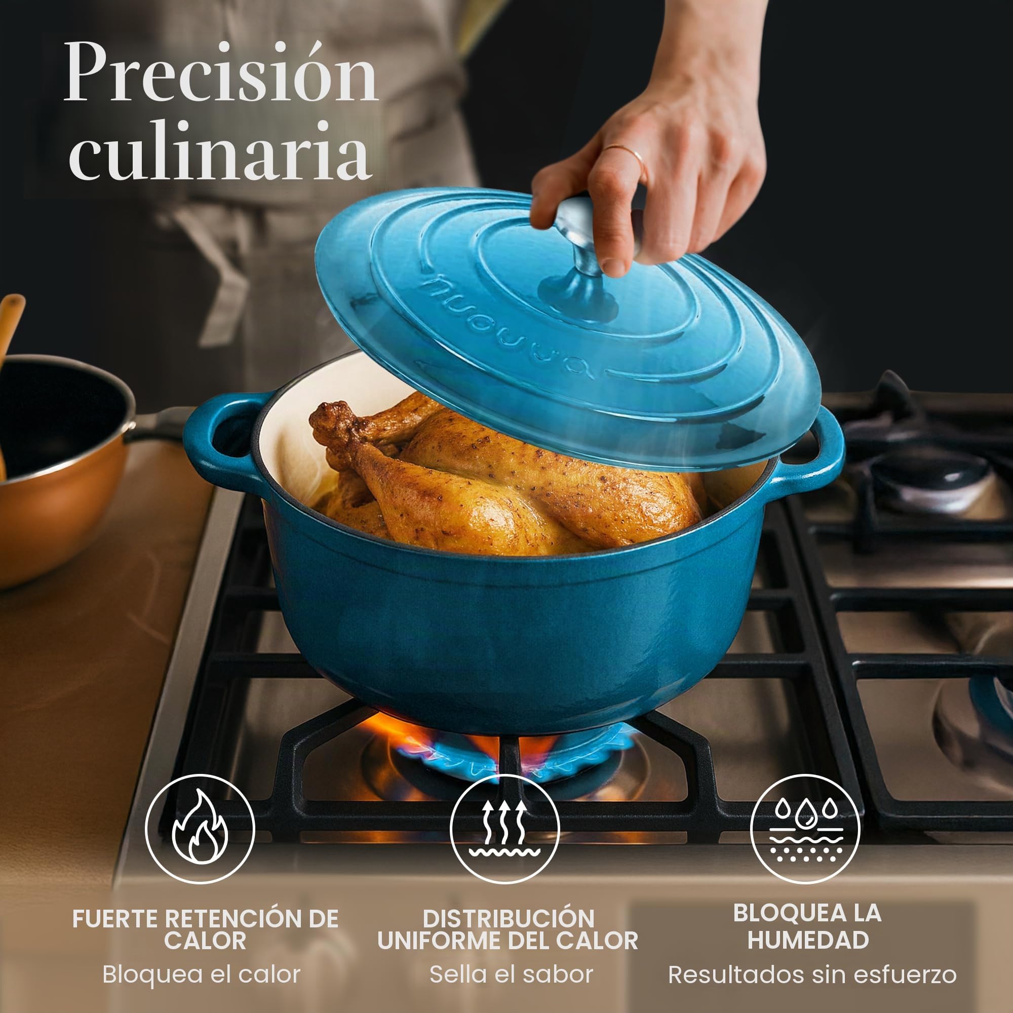 Cazuela de Hierro Fundido con Tapa – Esmaltada, Antiadherente, Apta para Horno hasta 500° F – Ollas Holandesas Robusta – Azul, 6.4 Cuartos, 28cm – por Nuovva