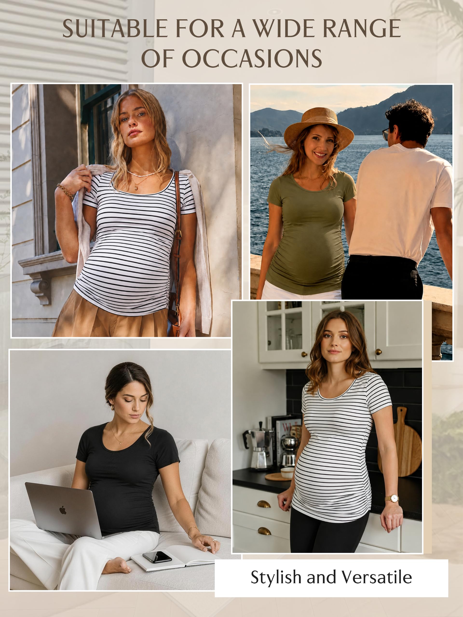 Lot de 3 t-shirts de maternité à manches courtes pour femme, Noir + vert olive + rayures noires et blanches, XL | Matériau confortable et doux pour la peau, fronces latérales, pour toute la grossesse, pour les loisirs et le quotidien