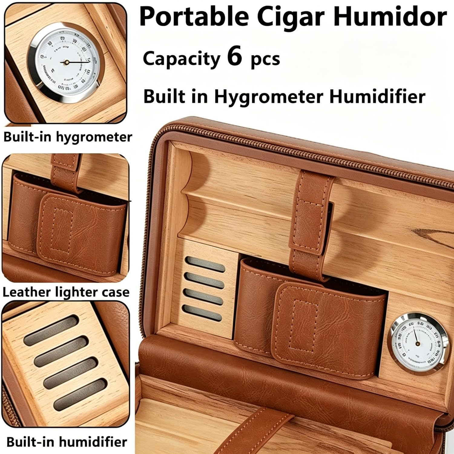 Cygarowy Humidor z Drewna Cedrowego – Wyjmowana Taca, Higrometr, Odłączany Nawilżacz, Rurka Skroplin i Kieszeń na Karty – Luksusowy Prezent dla Taty, Męża,Black