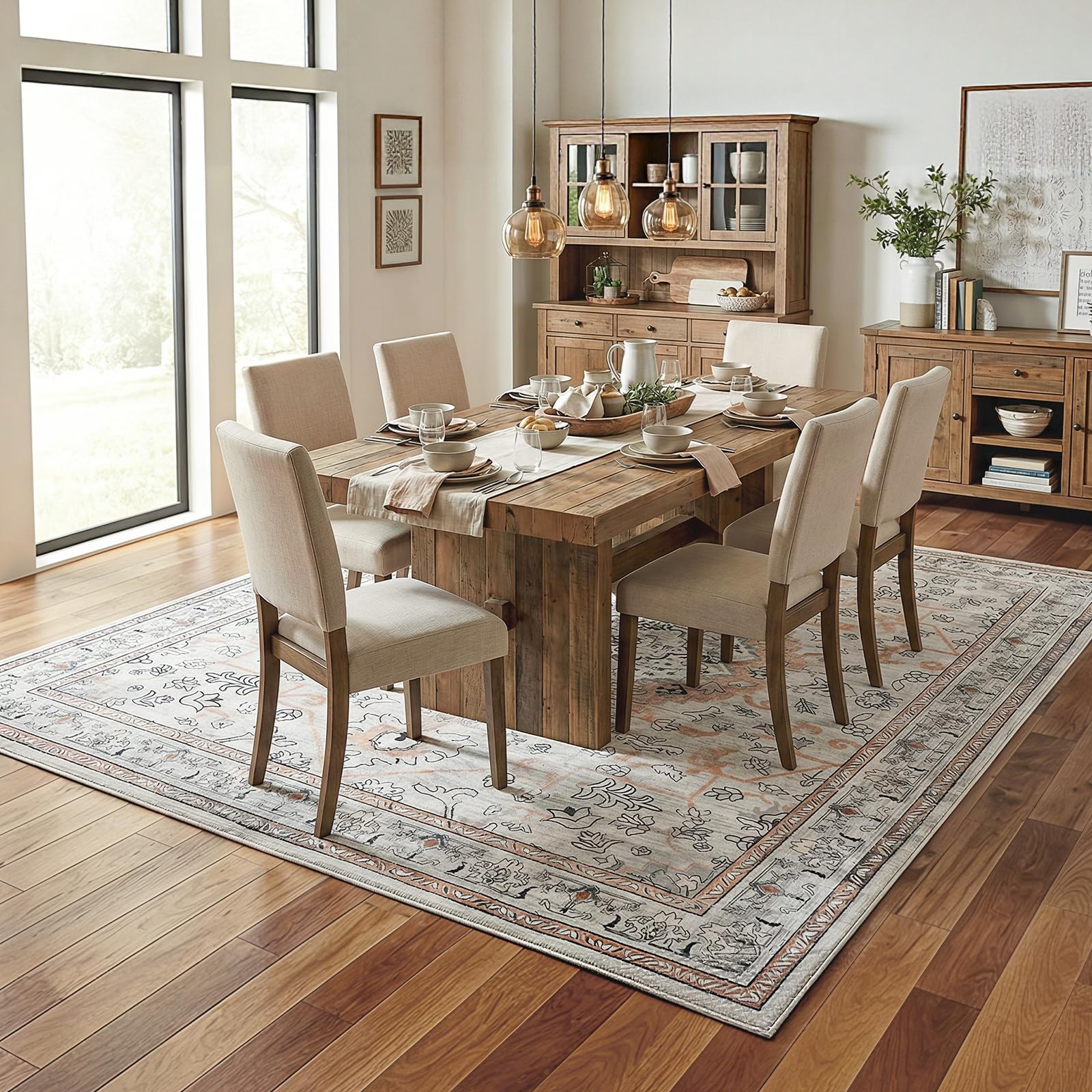 HOOBRO Teppich, waschbarer Rutschfester Läufer,150 x 210 cm, Boho-Teppich mit Kurzflor und Retro-Muster, leicht zu reinigen, Bettvorleger für Wohnzimmer, Flur, Arbeitszimmer, Beige-Vintage EEF03AR01