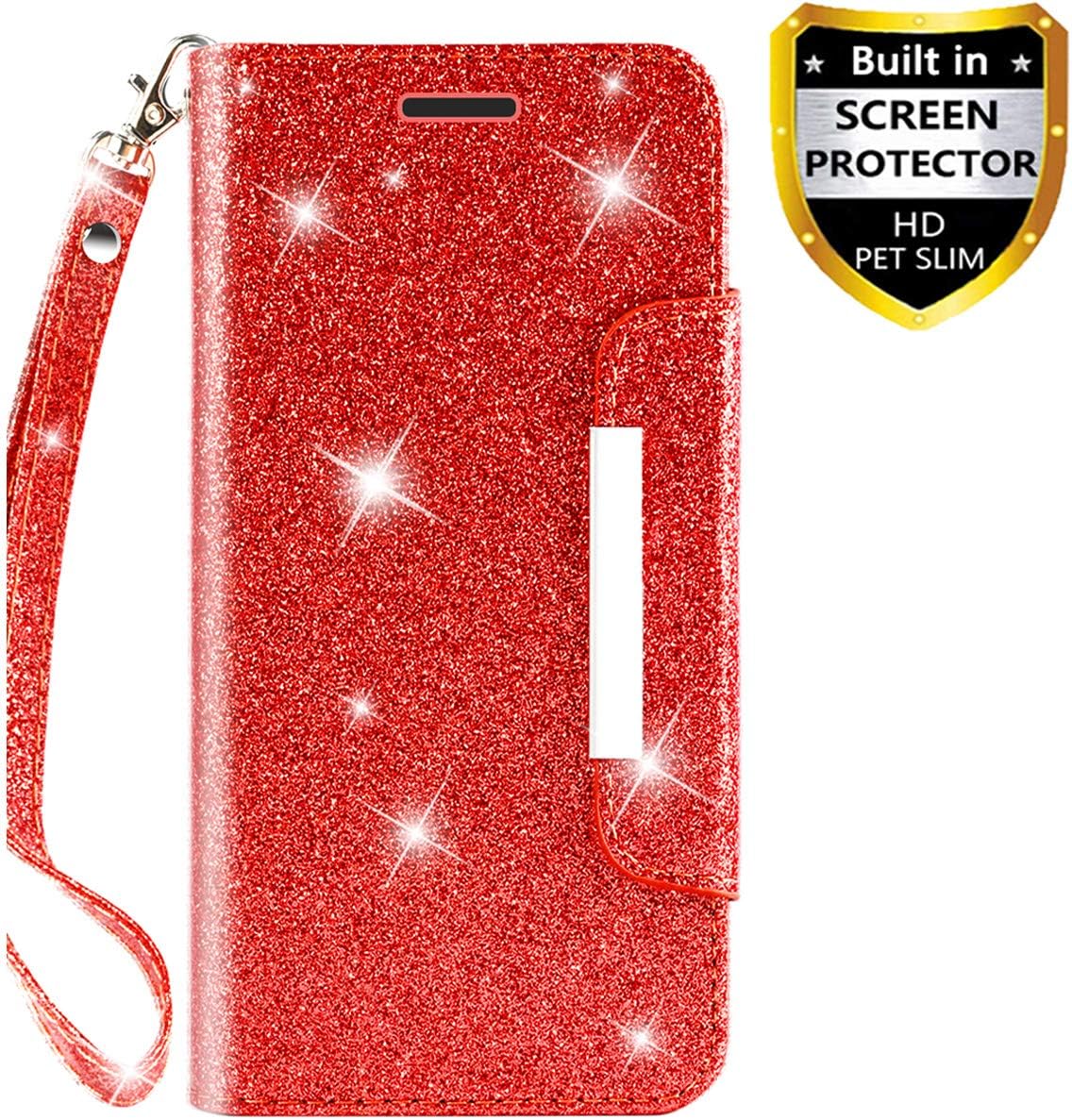 Galaxy Note 4 Case, with Screen Protector, TPU + Leather Bling Glitter Flip Wallet Case with Kickstand Credit Card Holder Slot for Girls/Women for Samsung Galaxy Note 4 (Red)