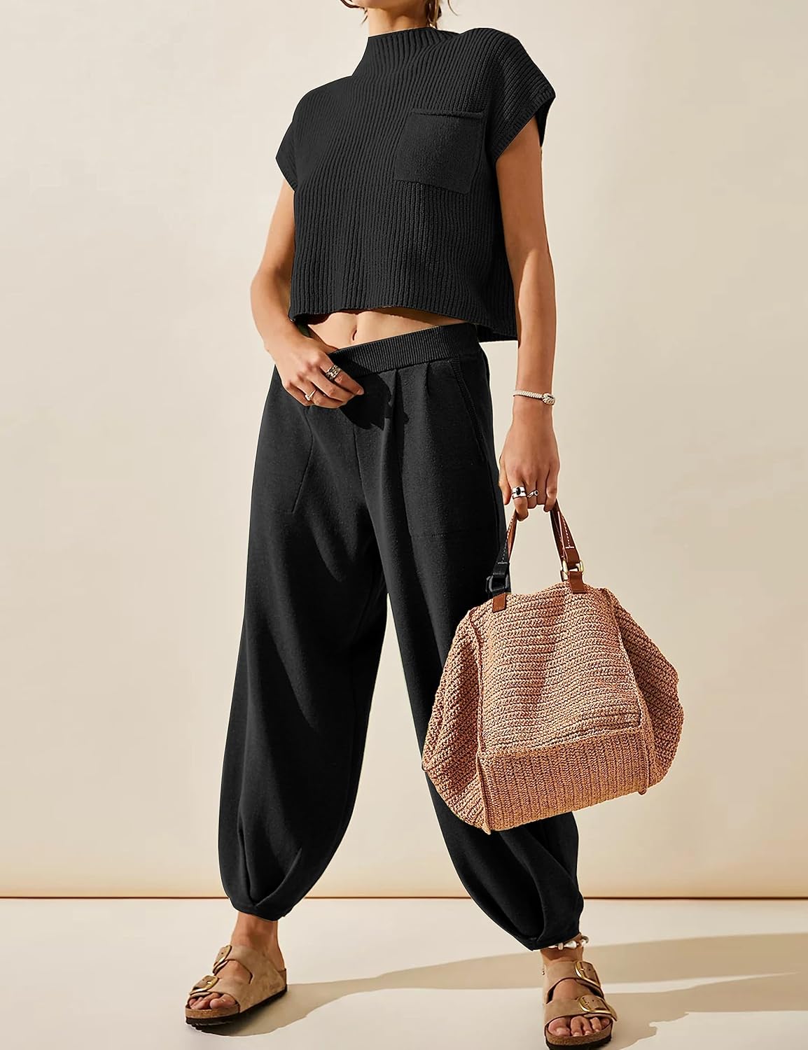 Miniatura 2 de APAFES Conjuntos de verano de 2 piezas para mujer, conjuntos de descanso de seda de hielo, suéter de punto de manga corta, suéter sin botones,