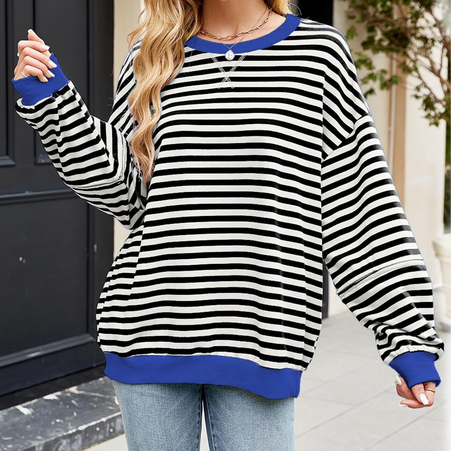 Womens Striped Oversized Sweatshirt Color Block Long Sleeve Crew Neck Sweatshirt Convertible Short Sleeve Pullover Y2K - Image 4