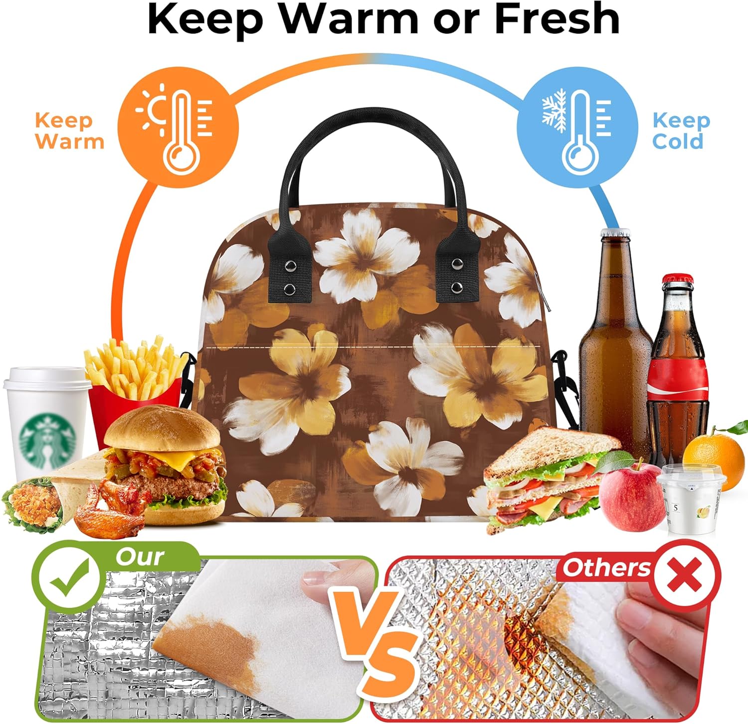 Clastyle Plant Women Lunch Box Bag Leaves Large Camping Adult Lunch Tote Insulated Cooler Bag for Office Work Picnic,Brown Flower - Image 3