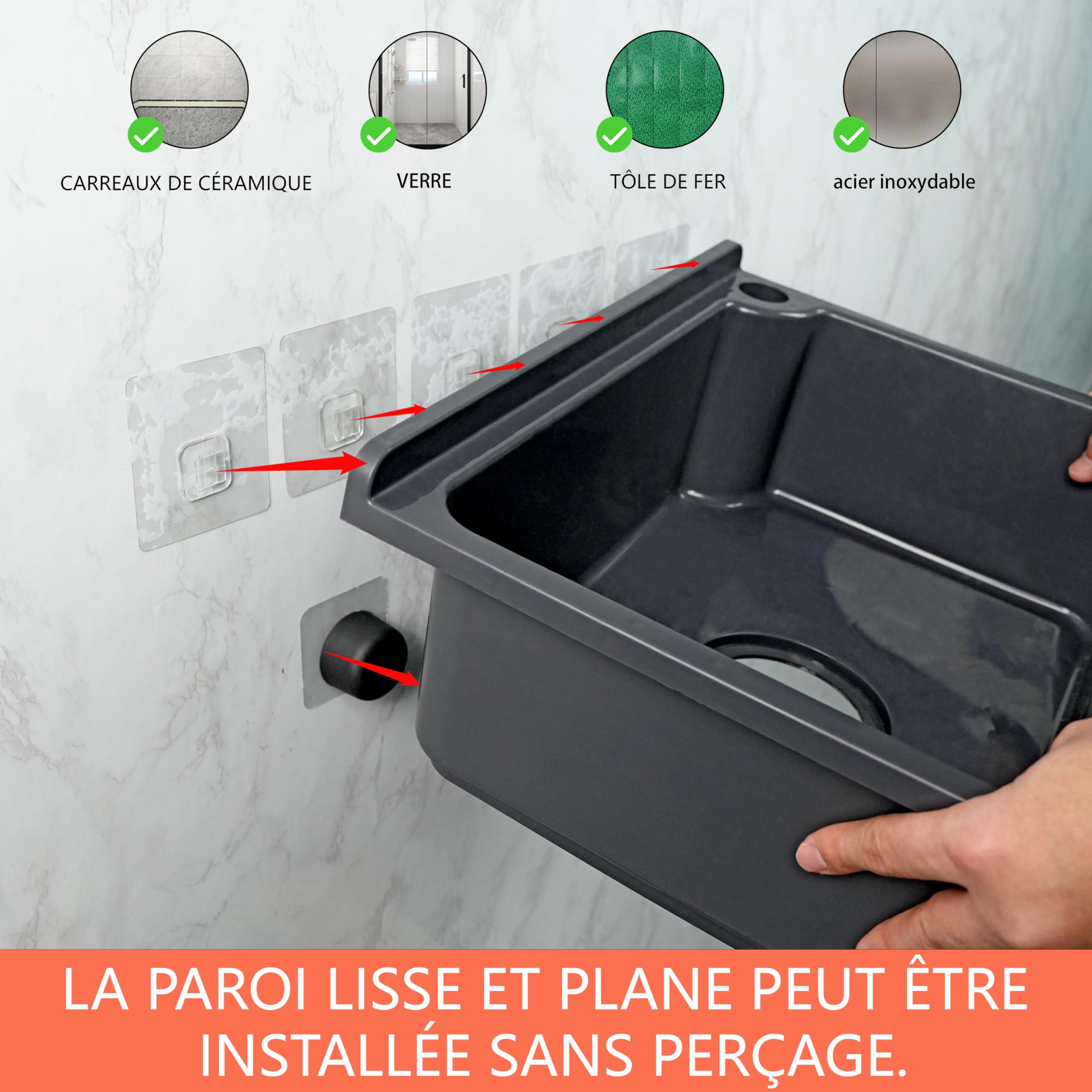 Évier de cuisine utilitaire à cuve unique de 42 x 32 cm avec trou de robinet de 3,2 cm, évier en plastique pour la maison, le restaurant, le dortoir, le garage, la salle de bain, la buanderie (gris
