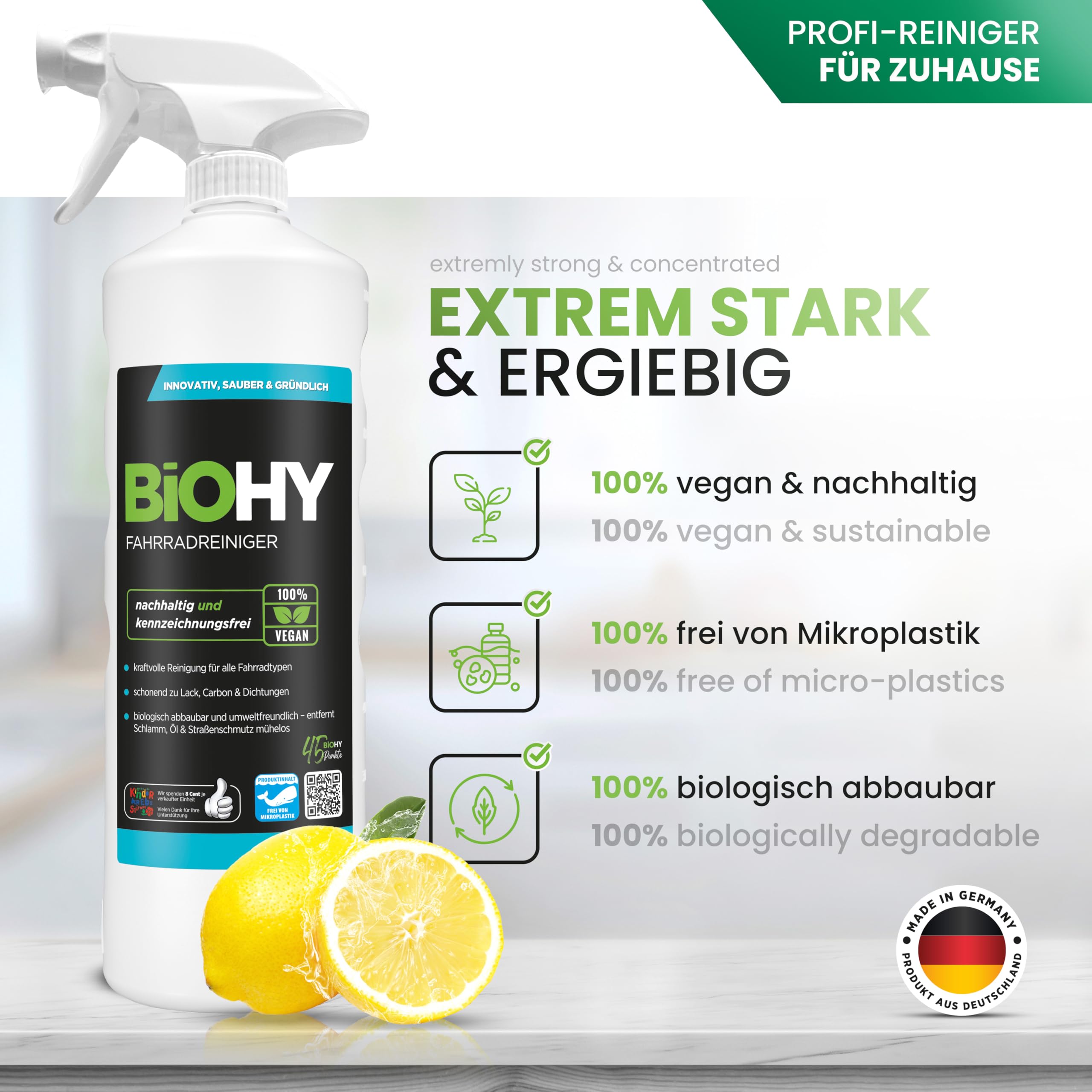BiOHY Fahrradreiniger (12 x 1L) + Sprühkopf | Bio Reinigungsspray für Rahmen, Glas & glatte Oberflächen | Hochwirksamer Schaum | Biologisch abbaubar | Ideal für E-Bikes & alle Fahrräder