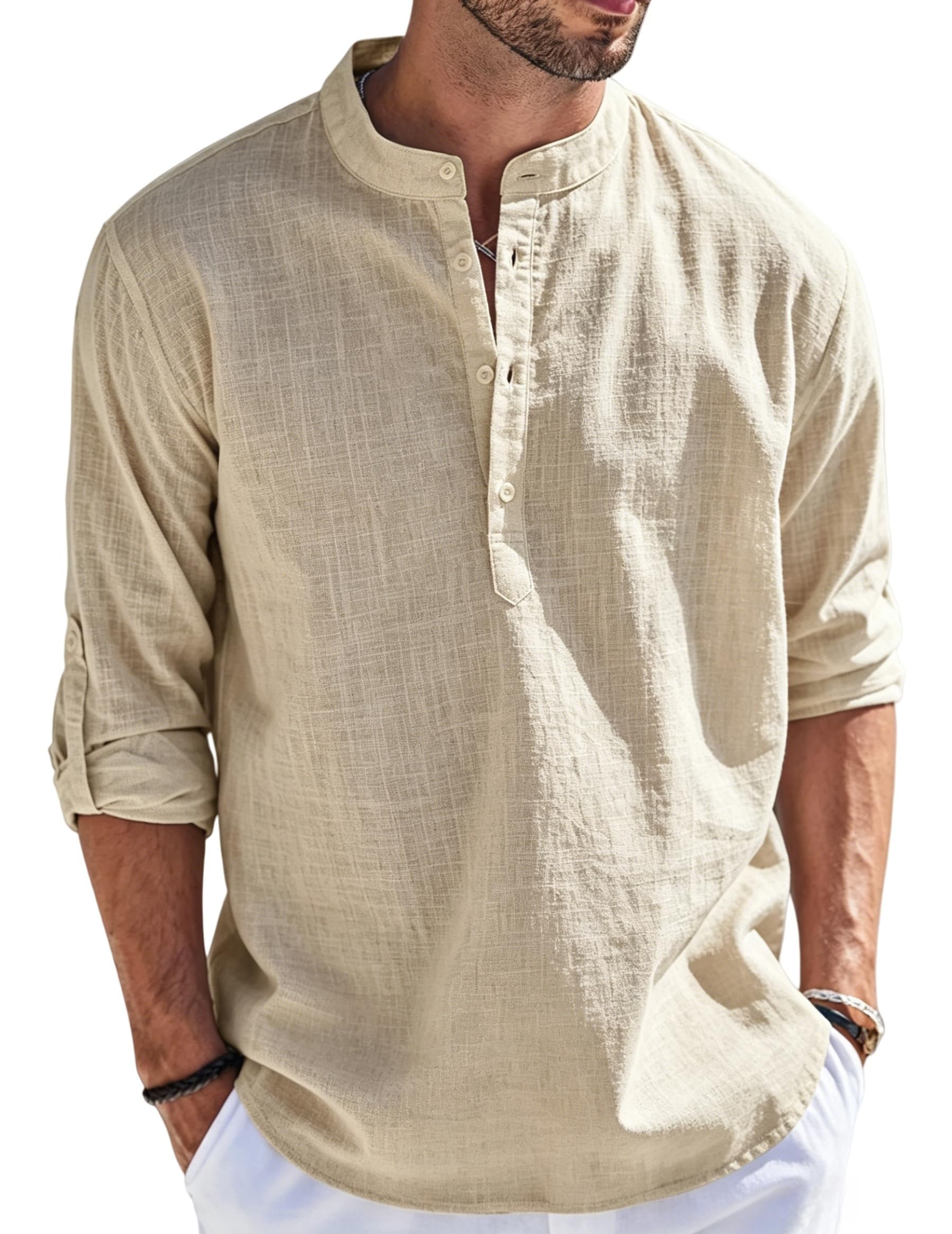 Cegerne Camicia Lino Uomo Maniche Lunghe Estiva Leggera Traspirante Henley Casual Maglietta Casacca Vacanze Spiaggia