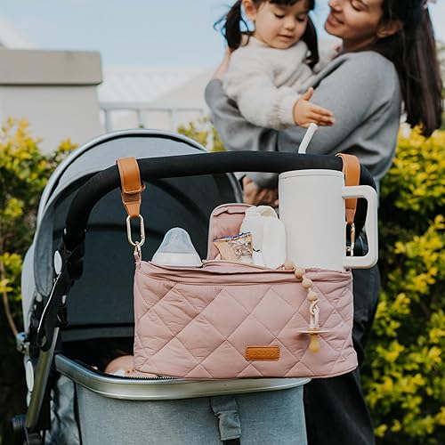 Miniatura 7 de Hermoso organizador de cochecito con 2 portavasos  Bolsa de lujo para cochecito, ajuste universal, correas de cuero y bolsillo con cremallera