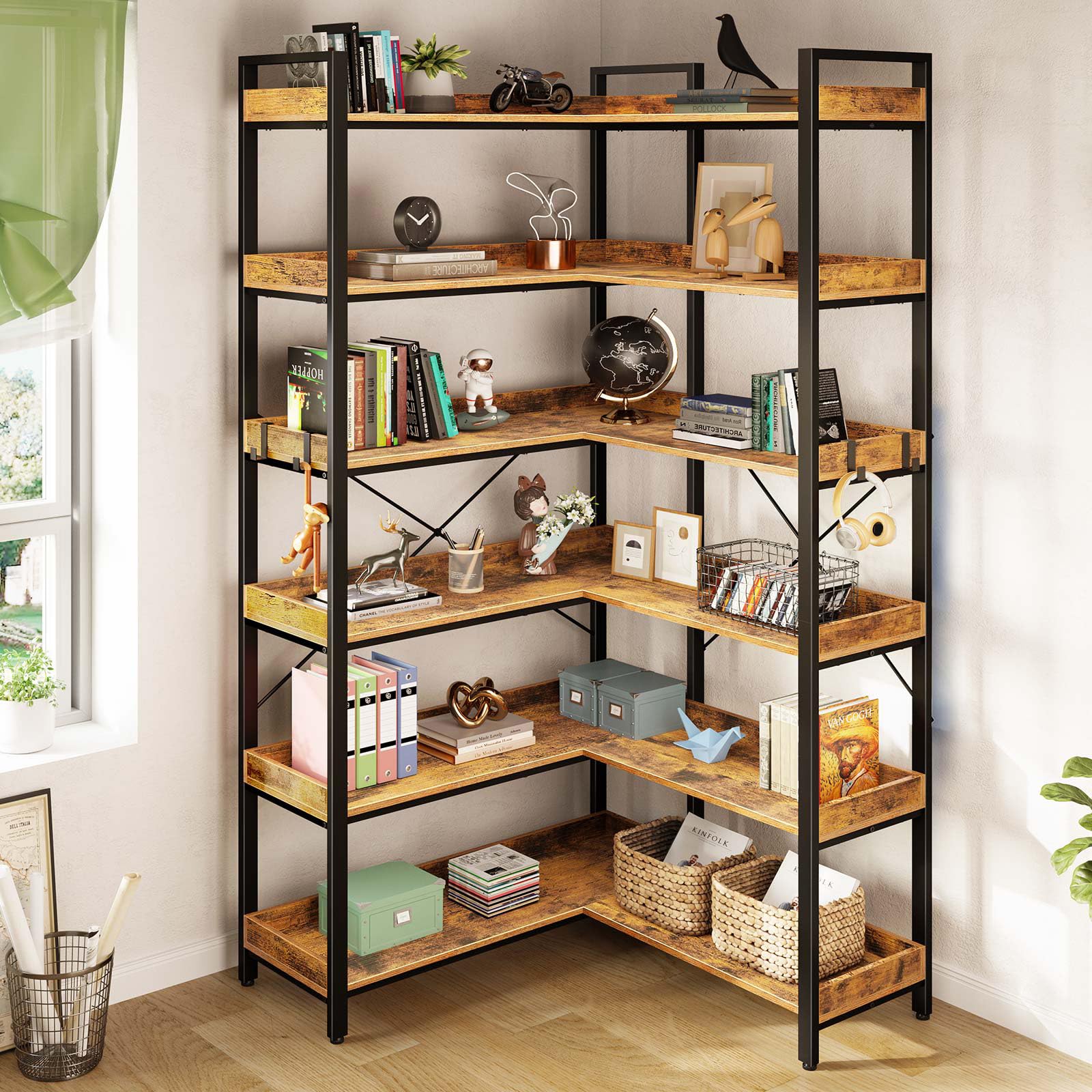 rolanstar bookshelf 6 tier with 4 hooks, reversible corner bookshelf, 69" industrial wooden bookcase with open shelves and metal frame for living room, bedroom, home office, rustic brown