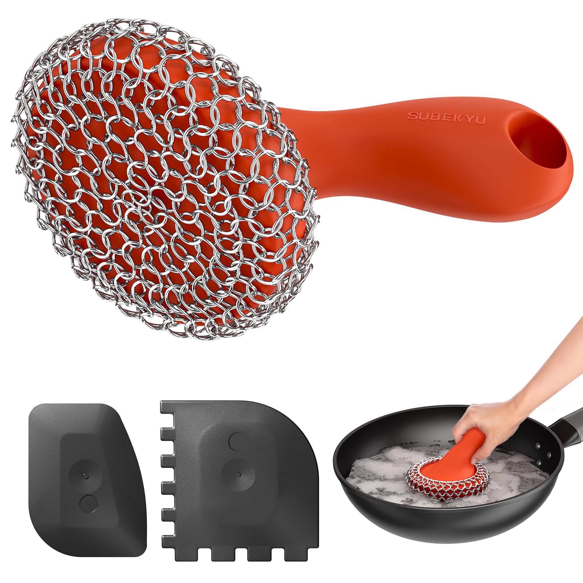 SUBEKYU Cast Iron Scrubber with Silicone Handle, Stainless Steel Skillet Cleaner for Cast Iron Pans (Red Scrubber + Scraper)