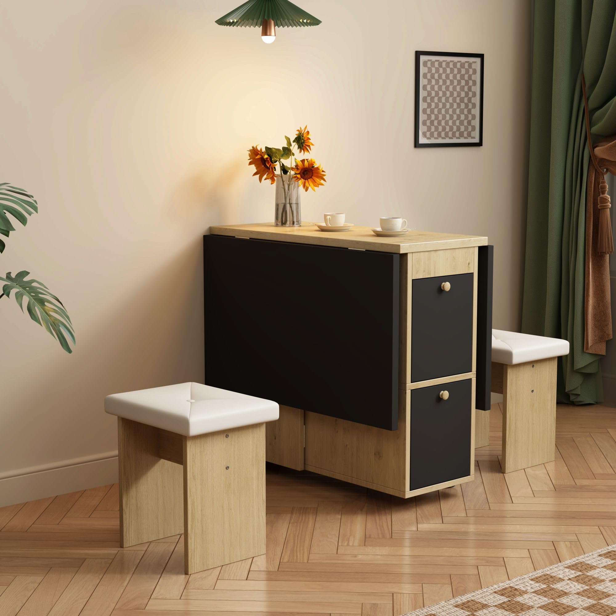 Sapgaks Table de salle à manger extensible 120 x 80 cm avec 4 chaises, pliable, en bois véritable, chêne