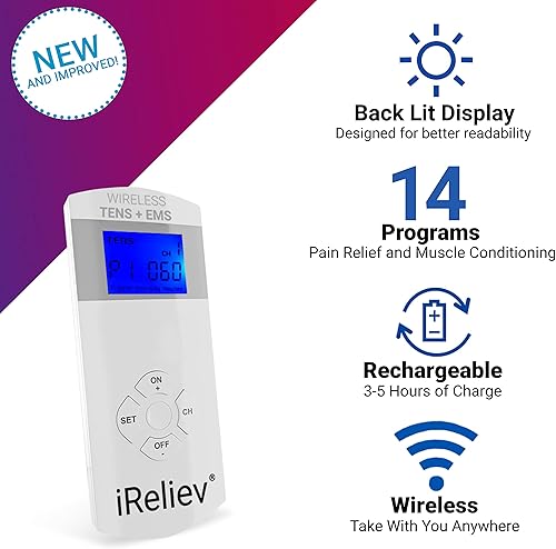 Miniatura 4 de iReliev Sistema terapéutico inalámbrico TENS + EMS, unidad TENS inalámbrica + combinación de estimulador muscular para aliviar el dolor, artritis,