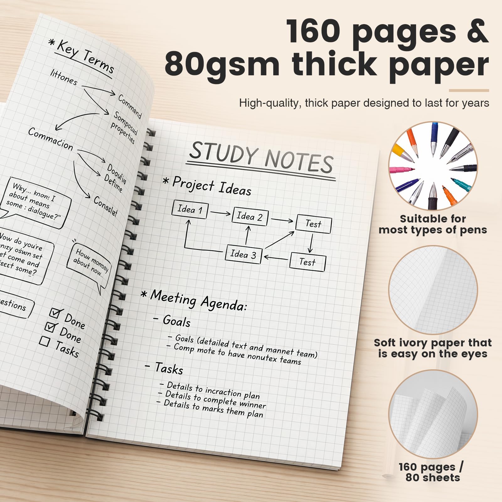Engrowtic 6 Pcs Graph Paper Spiral Notebook 160 Pages 5.7" x 8.3" A5 Hardcover Journal Notebook Waterproof 80 Gsm Grid Paper with Removable Bookmark Ruler for Work School Writing Engineering Math