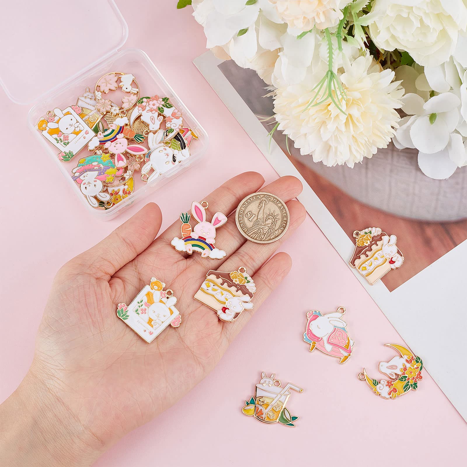SUNNYCLUE 20Pcs Japanese Style Enamel Bunny Charm Set including Moon, Sakura Flower - Image 3