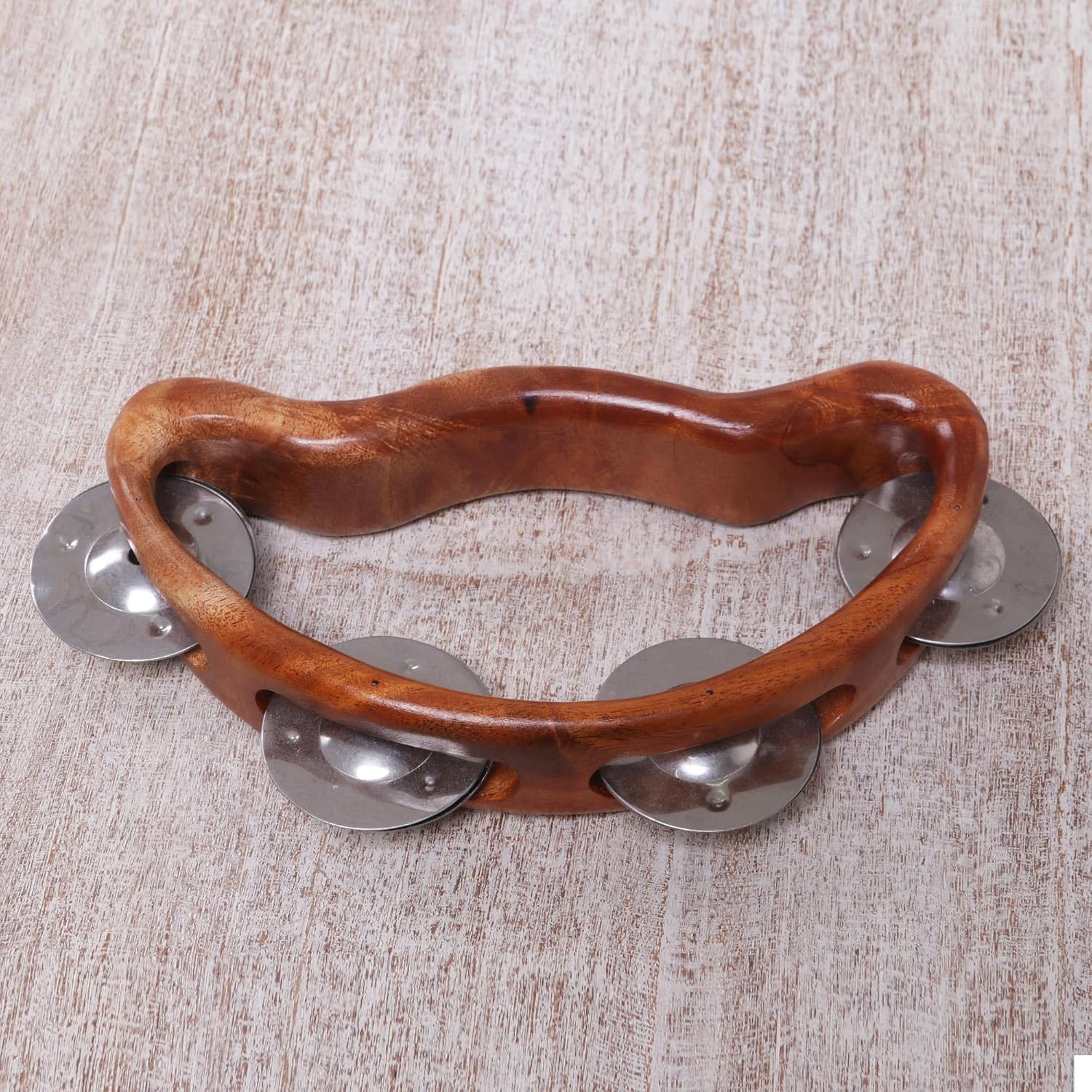 NOVICA Artisan Handcrafted Teak Wood Tambourine Artisan from Bali Steel Musical instrument Percussion Metallic Indonesia 'Rhythmic Vibes'