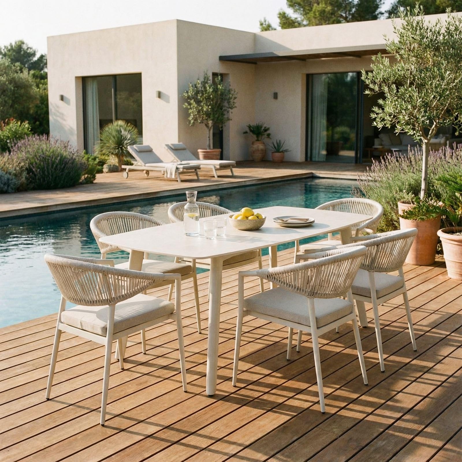 Gartenmöbel Set SELI Gartenmöbelset mit 1 Tisch und 6 Stühlen, Tischgröße 180 x 90 x 75, Cremeweiß – aus pulverbeschichtetem Aluminium mit robuster Keramik-Tischplatte, wetterfest mit Sitzkissen