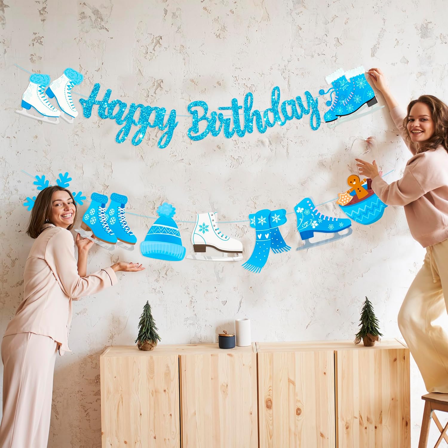 Ice Skating Happy Birthday Banner Ice Skating Birthday Party Supplies Light Blue Glitter Snowflake Banner for Winter Wonderland Decorations Girls Winter Party Supplies