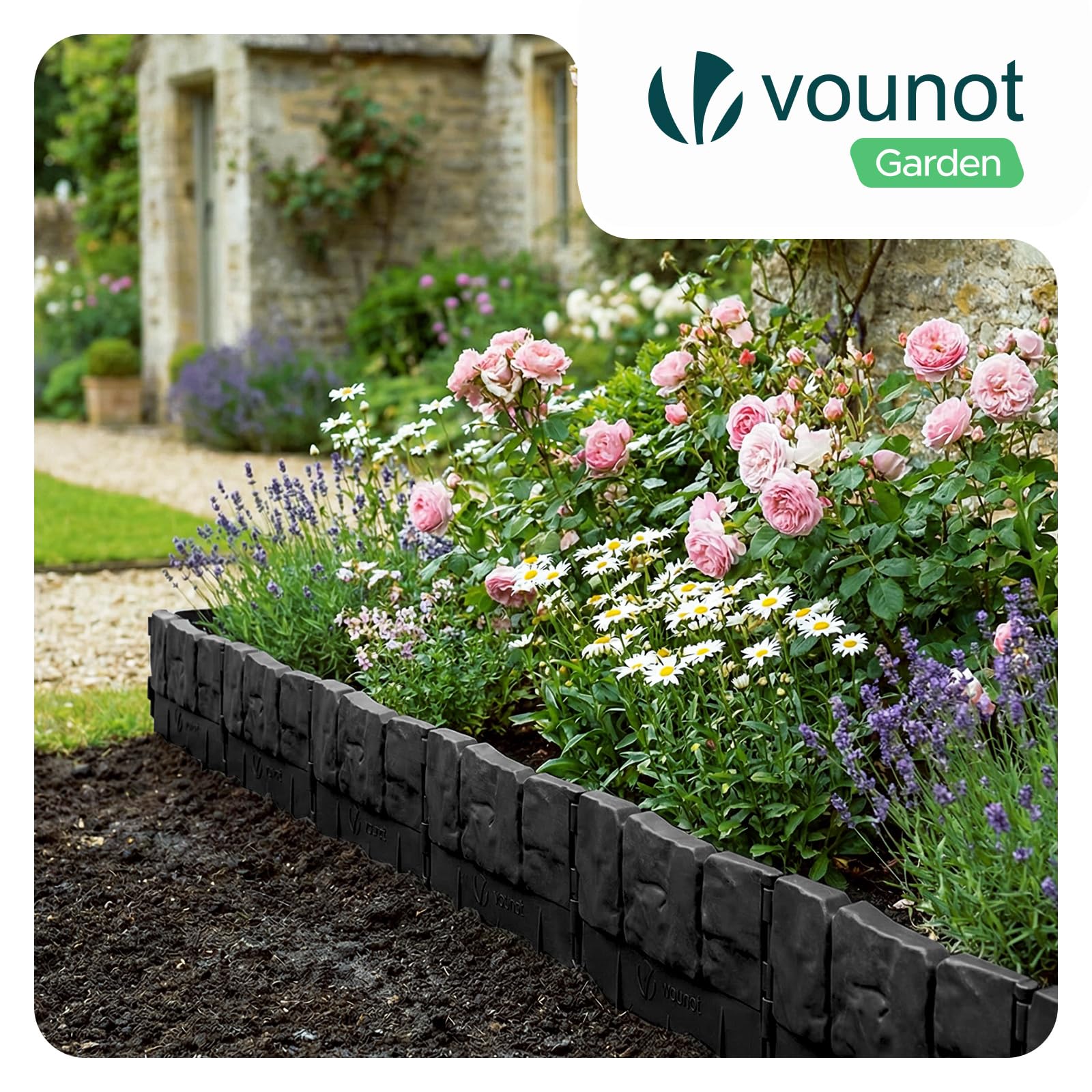 VOUNOT® Rasenkante Kunststoff 26,7 m – Beeteinfassung Beetumrandung in Steinoptik, sehr stabile & Flexible, Gräben, 175 Stück, Schwarz