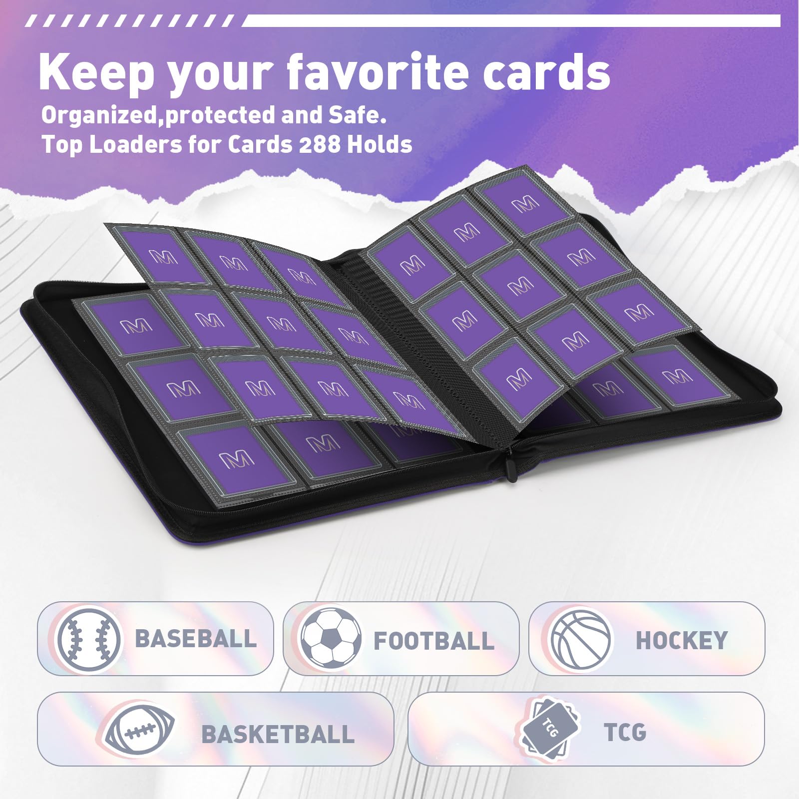 Classeur à chargement par le haut, peut contenir jusqu'à 288 cartes, classeur à 9 poches avec pochettes pour étuis rigides de 7,6 x 10,2 cm (9 violet6)
