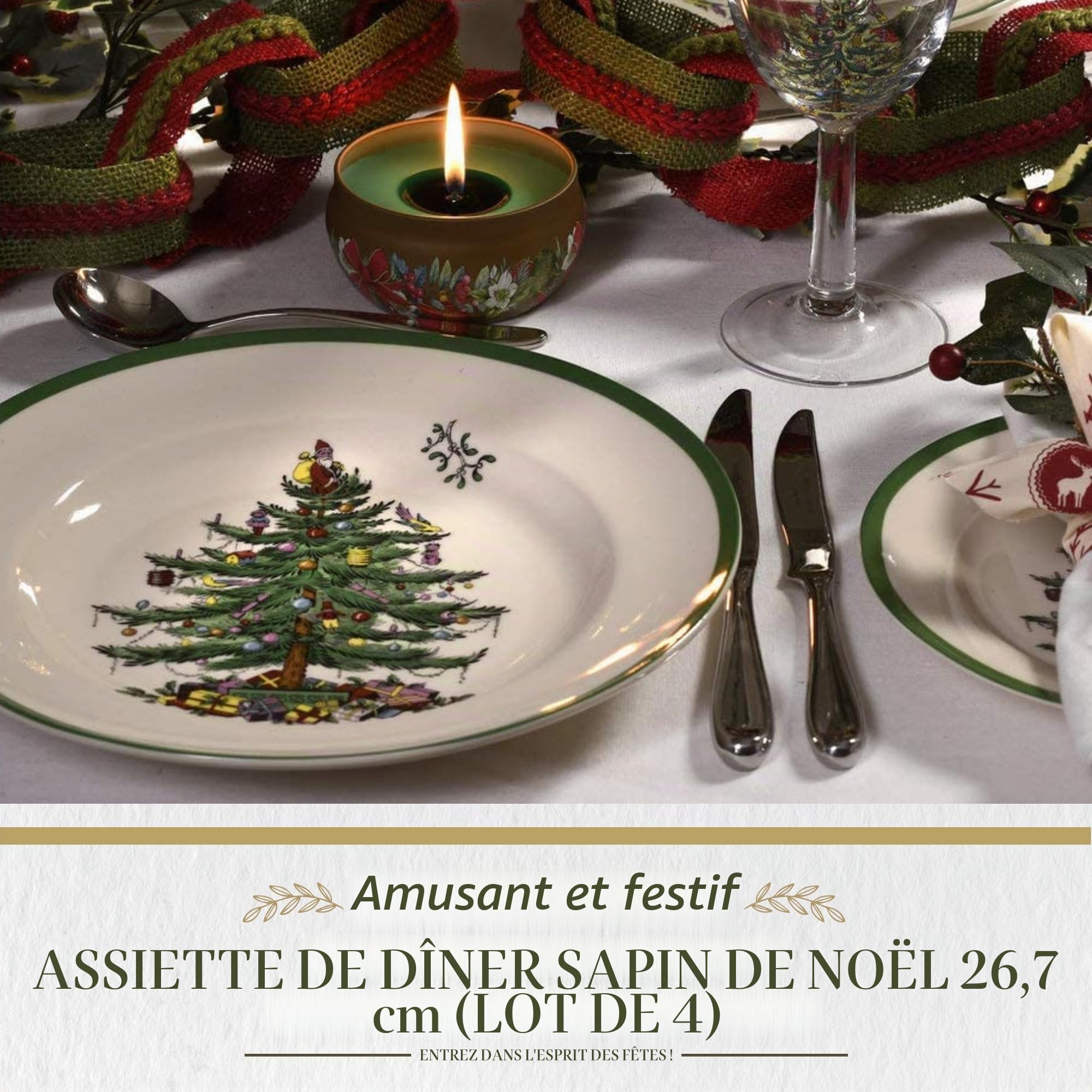 Spode Lot de 4 assiettes à dîner Sapin de Noël 25,4 cm - Vaisselle design de vacances (vert)