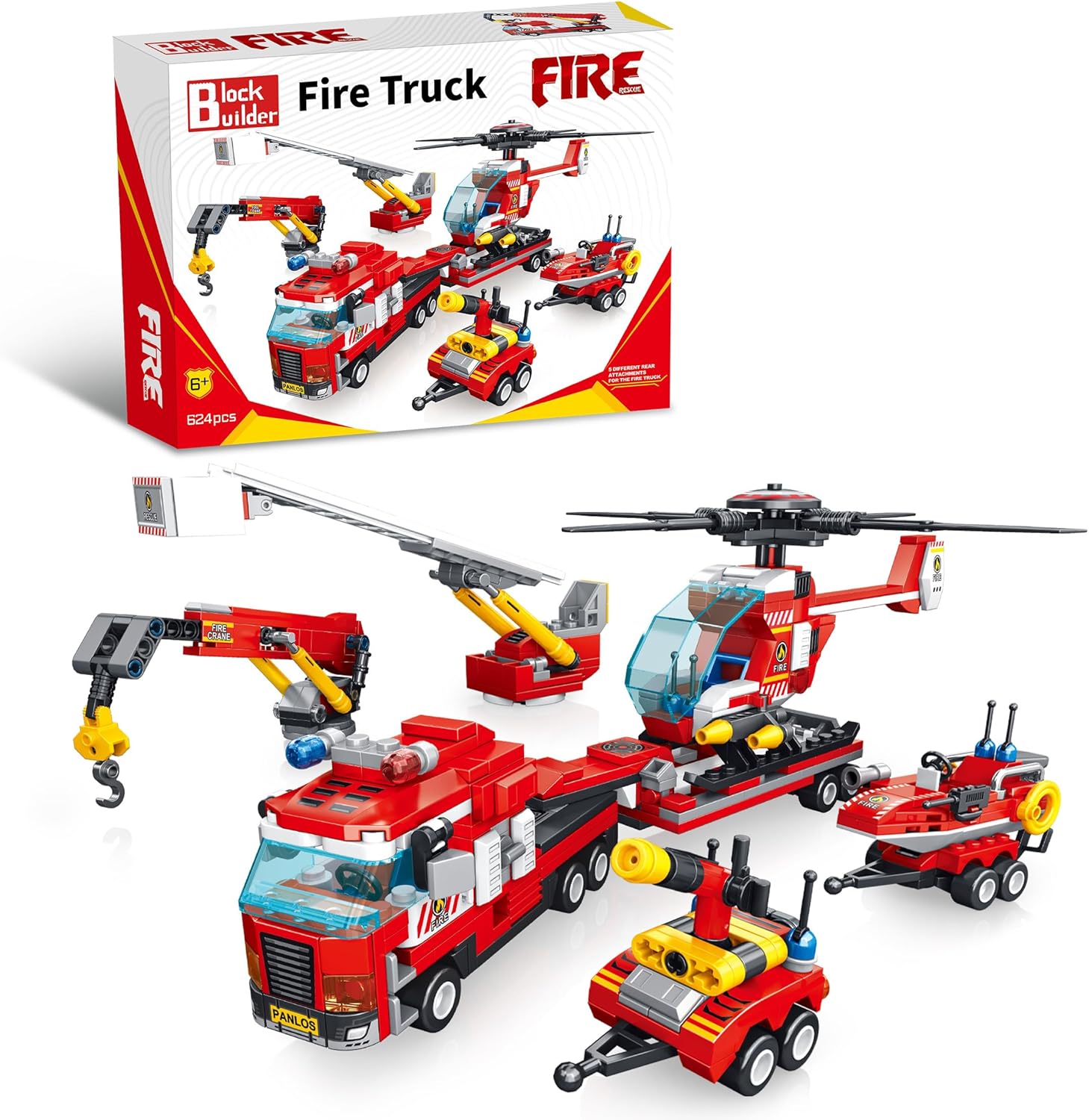 Block Builder Fire Truck Building Block Set (646 Pieces). Fire Rescue Truck Includes Five Different attachments and a Rescue Helicopter. Building Blocks for Kids and Adults.