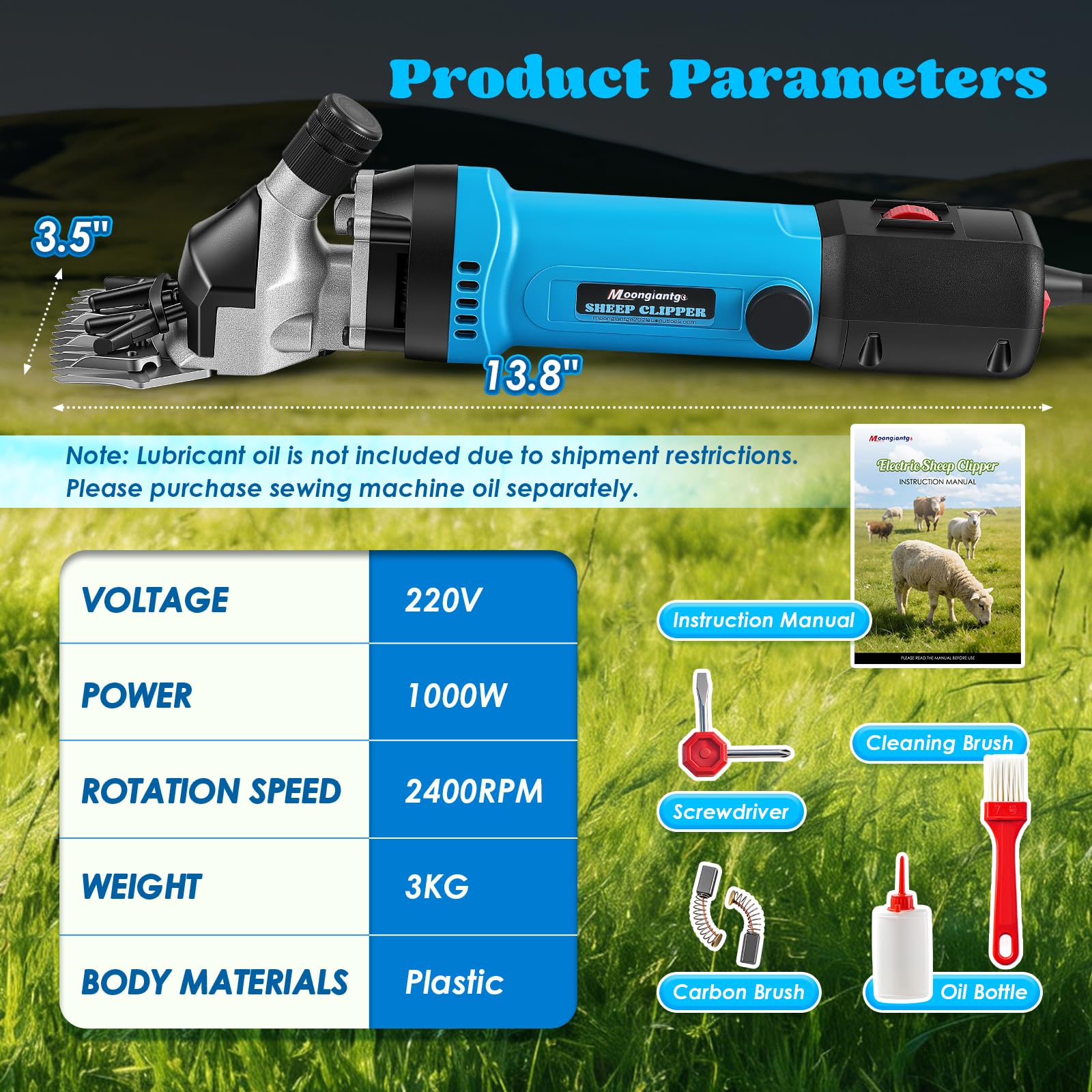 Moongiantgo Esquiladora Eléctrica para Ovejas 1000W 2400 RPM, Máquina de Esquilar Profesional con 6 Velocidades Ajustables, Cortapelos para Cabra, Alpaca, Maletín/Aceite/Destornillador (Azul)