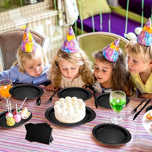 Miniatura 3 de TWOWYHI El juego de 228 piezas de suministros de fiesta negro incluye platos de papel, vasos, servilletas negras, cucharas de plástico, tenedores,