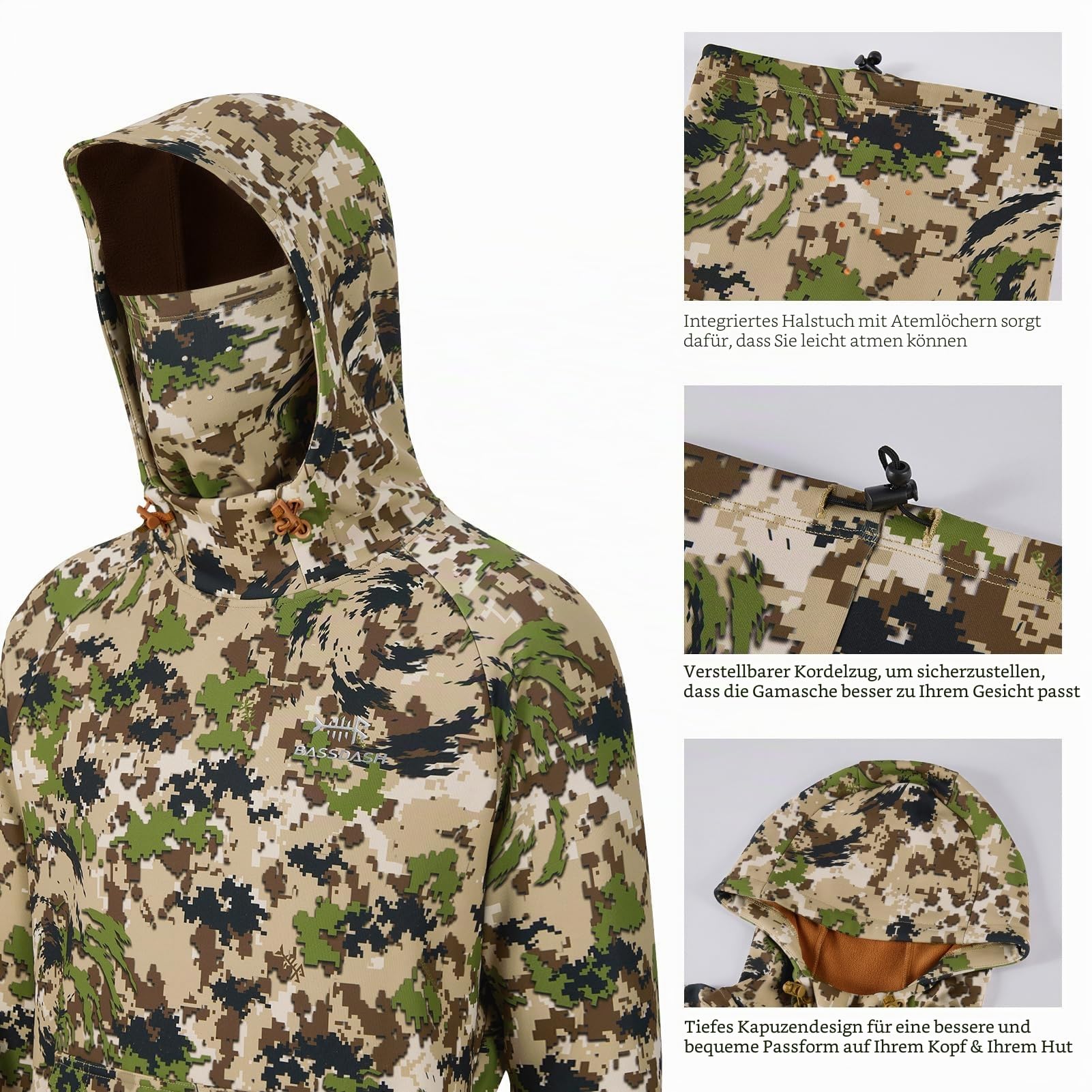 Bassdash Herren Fleece Hoodie Warmer Pullover Kapuzenpullover mit Schlauchschal Wasserdicht Jagd Angeln Sweatshirt FS18M