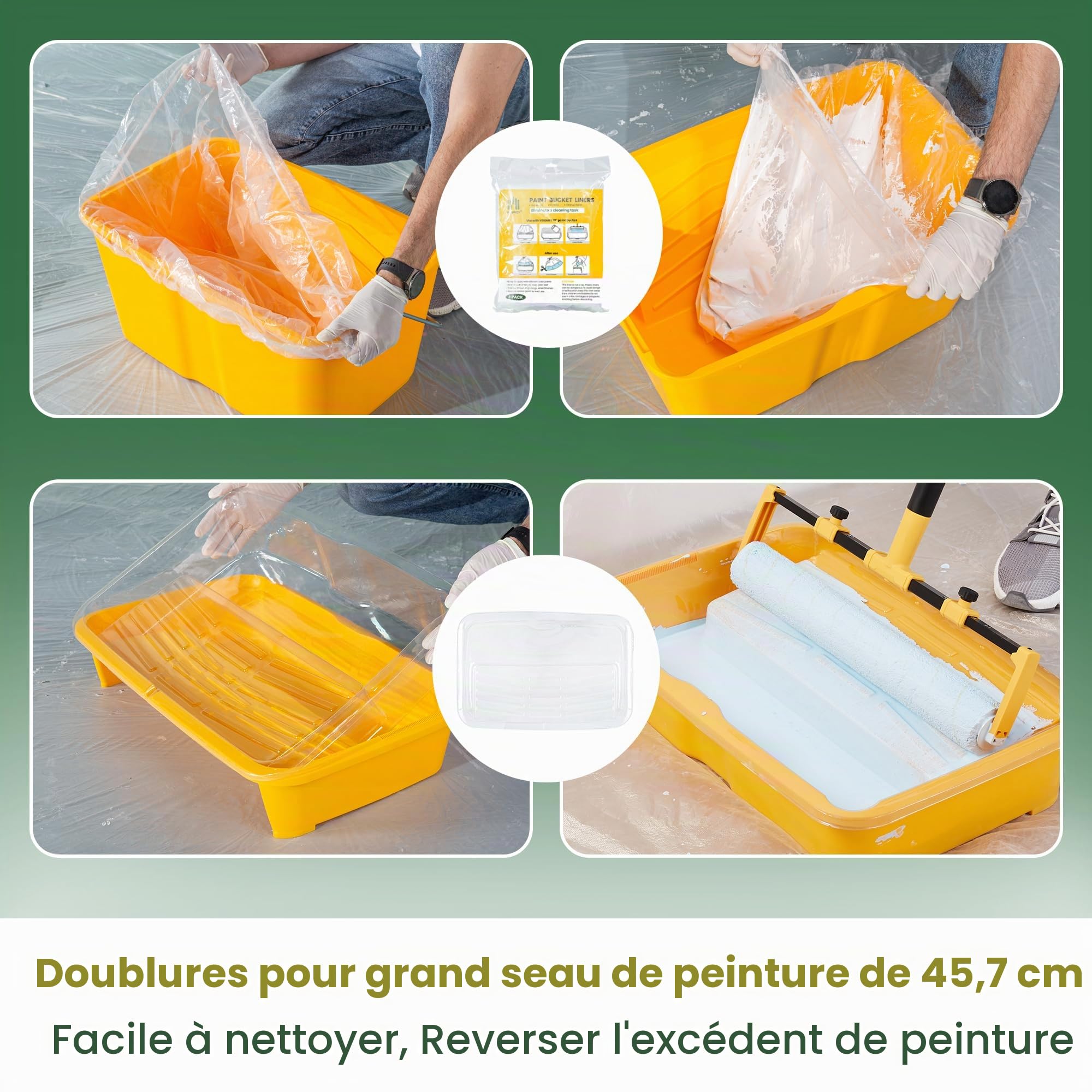 VOOMEY Kit de 13 rouleaux de peinture de 45,7 cm, seau de peinture de 45,7 cm et plateau de peinture, grand cadre de rouleau de peinture avec manche d'extension de 1 m, revêtement de bac à peinture