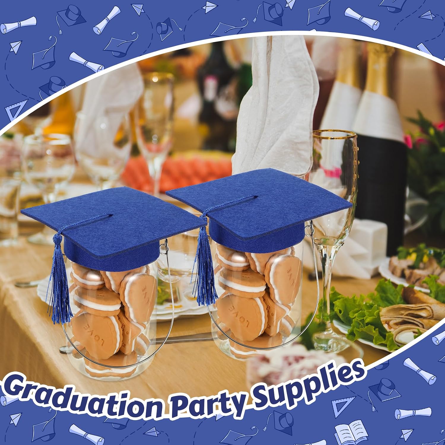 Mindsoft 48 Pcs 2026 Graduation Cap Decorations Mason Jar Lid with Tassels 4.2 Inch Grad Hat Large Mason Can Toppers for 2026 Graduation Party Supplies Table (Blue Hat with Blue Tassels)