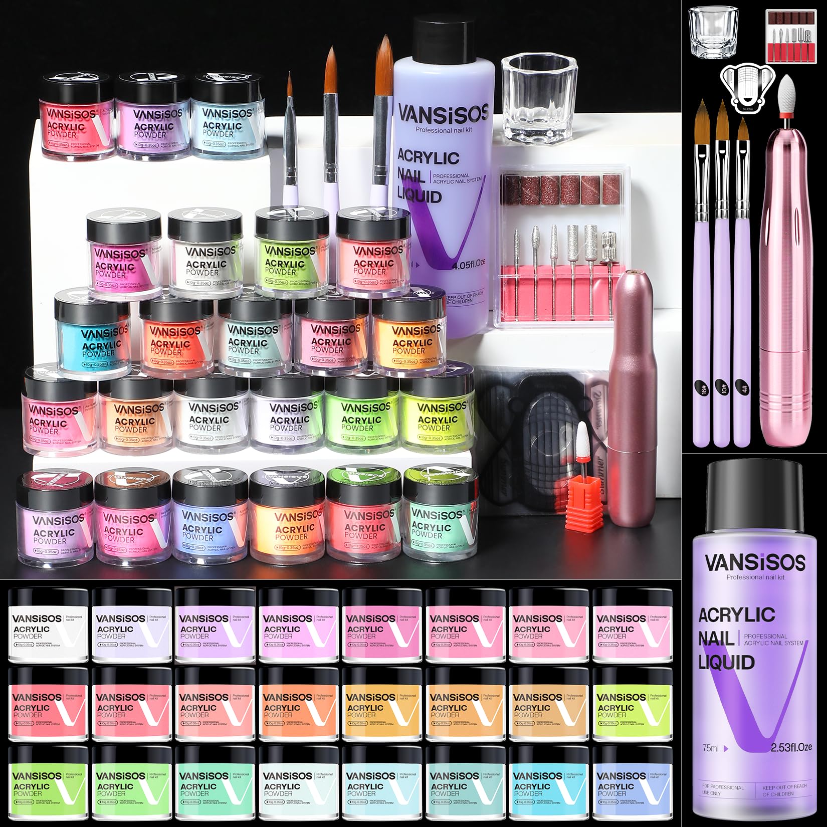 Kit de uñas acrílicas para principiantes: juego completo con polvo acrílico de 24 colores y líquido de larga duración, secado rápido y duradero para manicura de uñas con taladro de uñas y