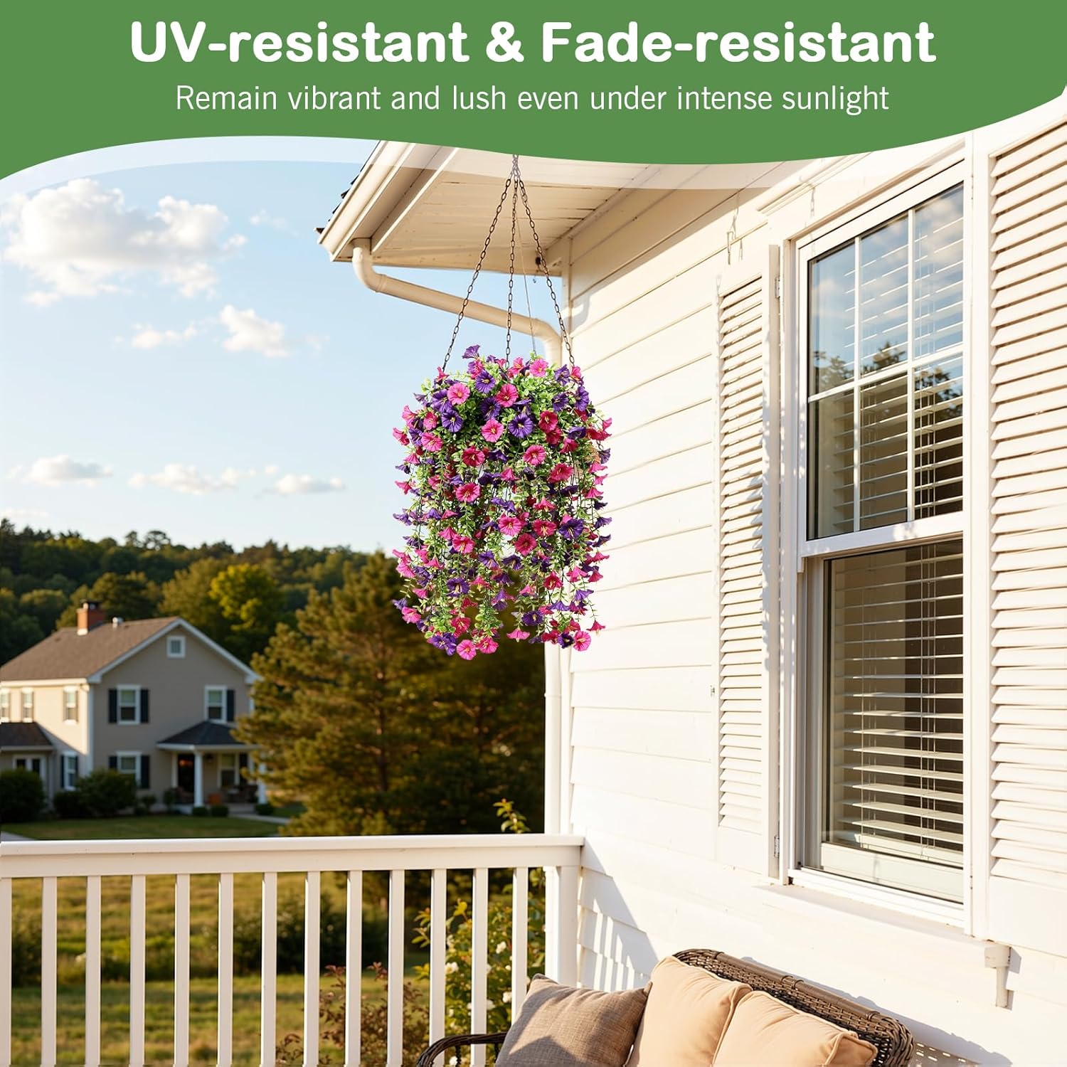 Lewondr Artificial Fake Hanging Flowers Plants for Outdoor Summer Decoration, 2 PCS Faux Silk Red Purple Morning Glories, 29.5'' UV Resistant Realistic for Outside Planter Porch Patio Balcony Decor - Image 4