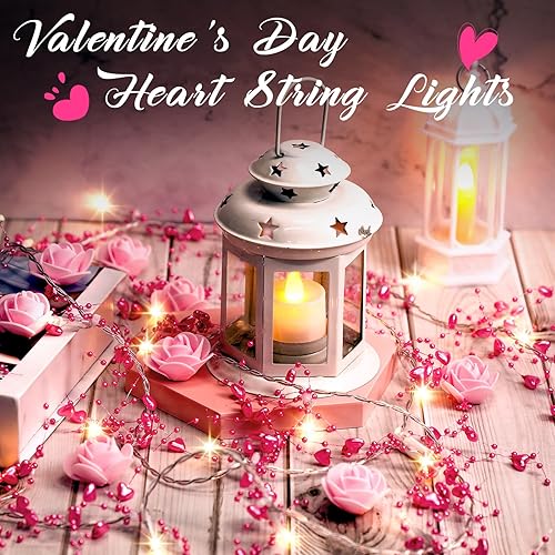 Miniatura 5 de Rossesay Guirnalda de 40 luces LED con forma de corazón para el día de San Valentín con corazones y cuentas, funciona con pilas, romántica