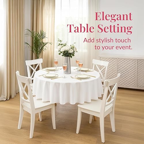 Vista 62 de Prestee Manteles redondos de plástico de 84 pulgadas, paquete de 24 manteles desechables de color blanco para fiestas, manteles redondos