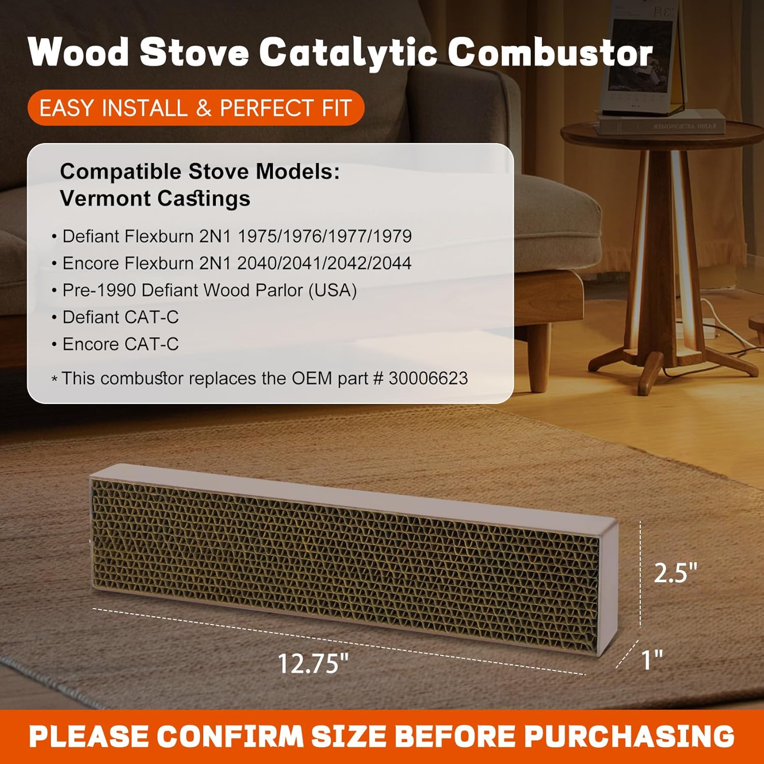2.5" x 12.75" x 1" Wood Stove Catalytic Combustor, Catalytic Replacement for Vermont Castings Defiant and Encore Flexburn, Metal