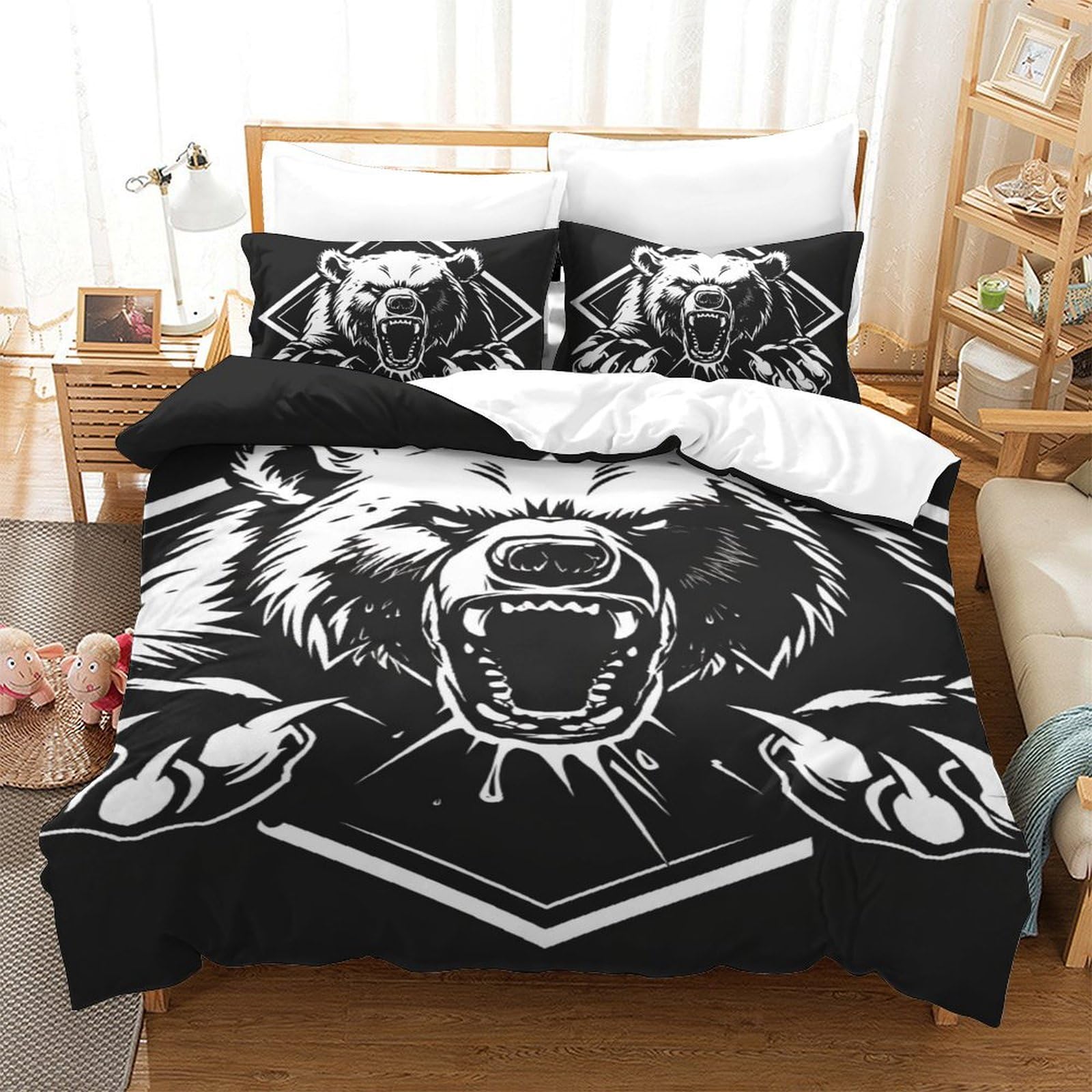 Housse de couette avec taie d'oreiller enfants motif ours 3D parure lit single 140x200