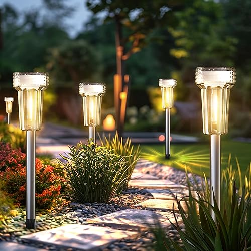 Miniatura 9 de Mancra - Luces solares al aire libre impermeables, juego de 8 luces de camino con bombilla de tungsteno de acero inoxidable, luces solares para