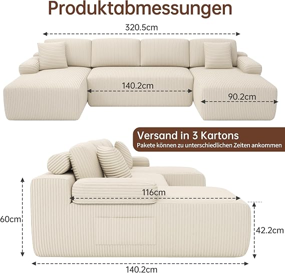 Duraspace 320 cm Modular U-shaped Sofa Cloud Sectional Sofas