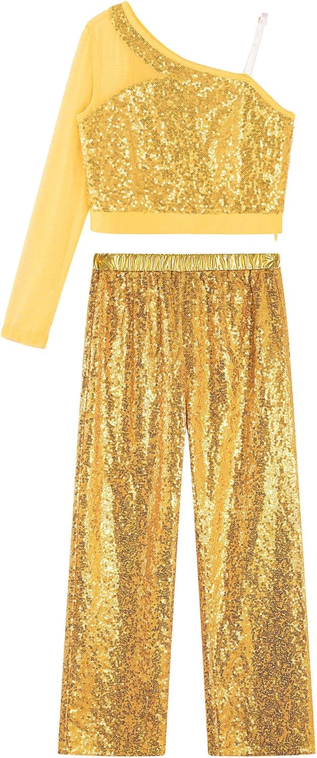 Agoky Girls Shiny Sequins Hip Hop Dance Outfits Mesh Sleeve Crop Top with Wide Leg Pants Athletic Performance Set