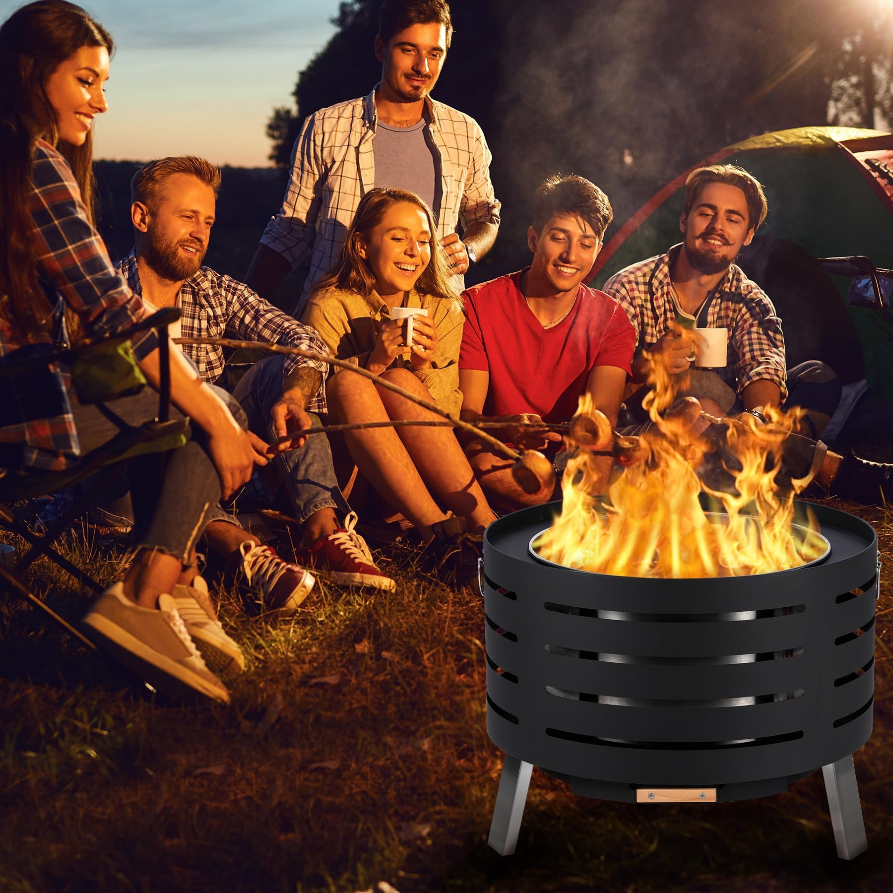Feuerschale, Ø66cm Feuerkorb mit Funkenschutz, Groß Feuertonne für den Garten mit Schürhaken, Solide und Stabil, Holz & Kohle Feuerstelle inkl Abnehmbare Aschepfanne für Outdoor BBQ Heizung 66x66x50cm