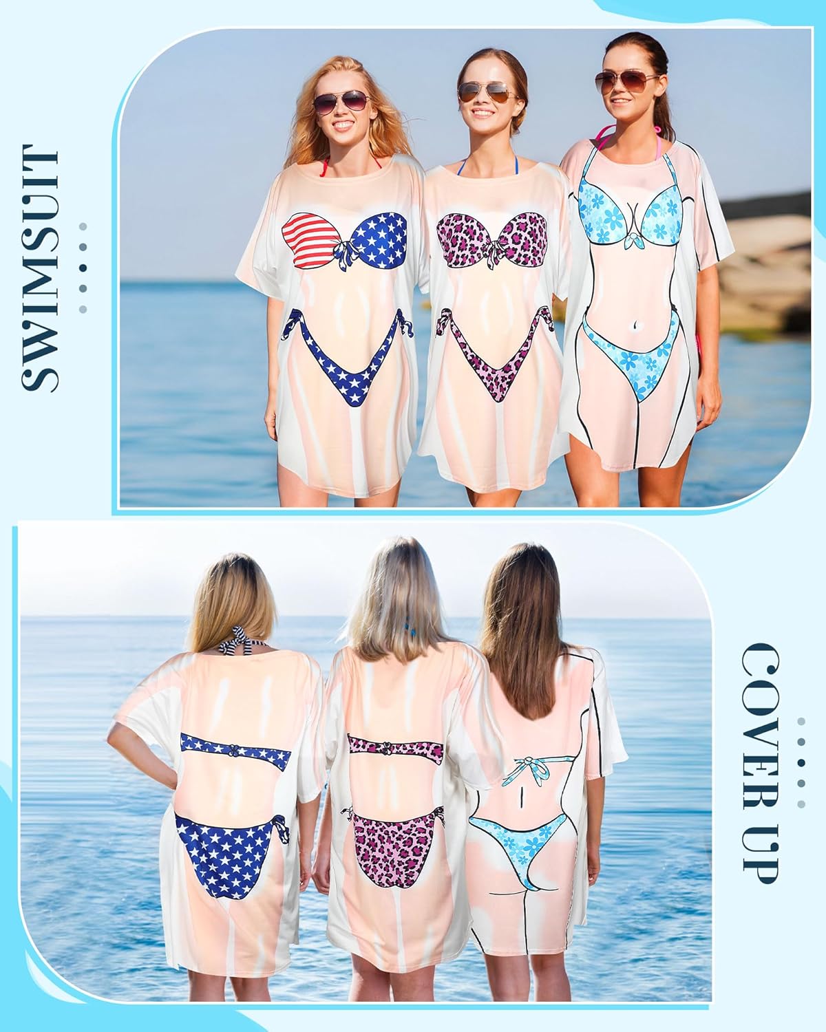 Jeyiour 6 Pack Women's Funny Bikini Shirt Short Sleeve Cover up Baggy T Shirt Dress Cute Bikini Print Baggy Swimwear