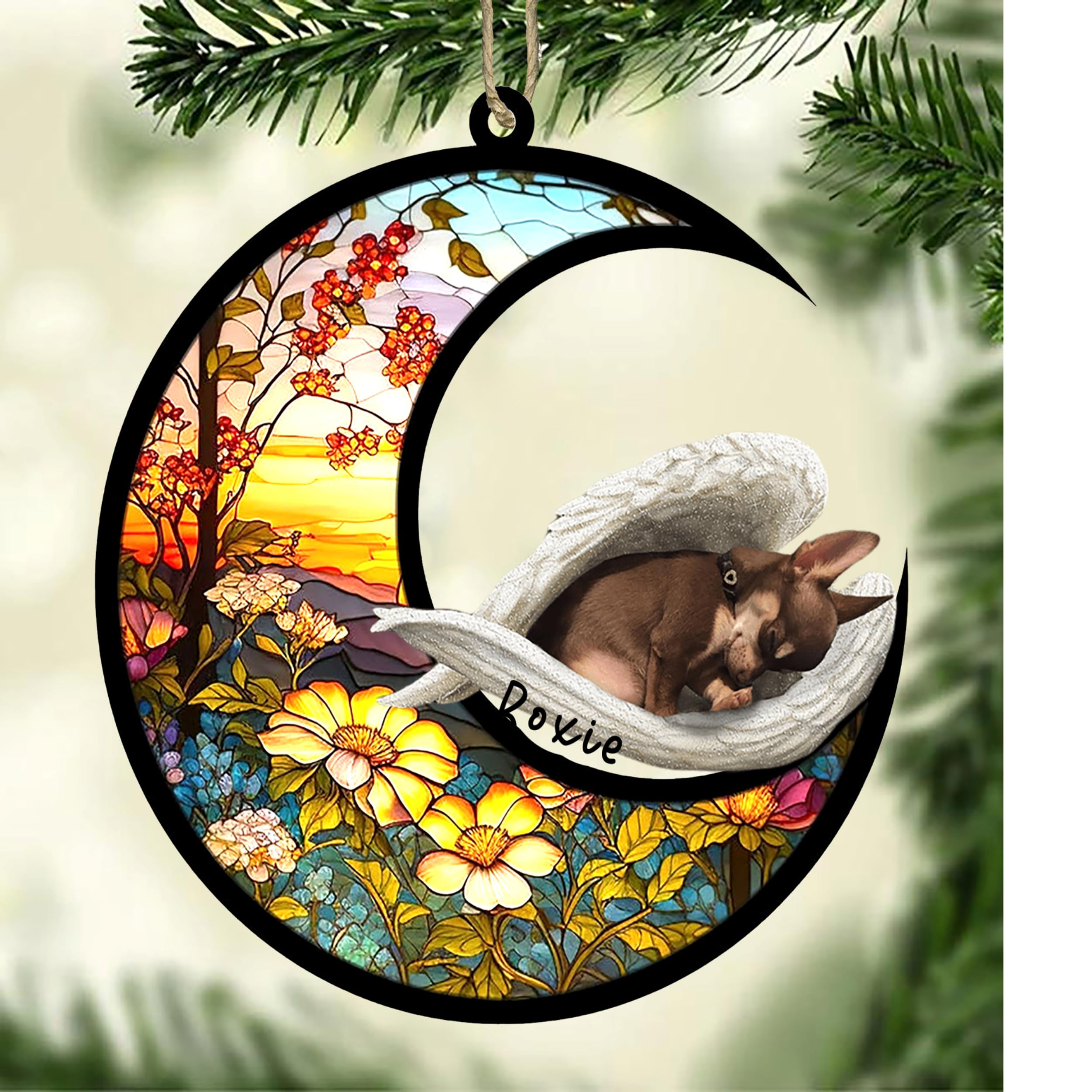 Personalized Brown Chihuahua Dog Memorial Suncatcher, Brown Chihuahua Christmas Ornament with Name, Pet Loss Catcher, Gifts for Dog Lovers Loss of Dog, Brown Chihuahua Sleep on Haven