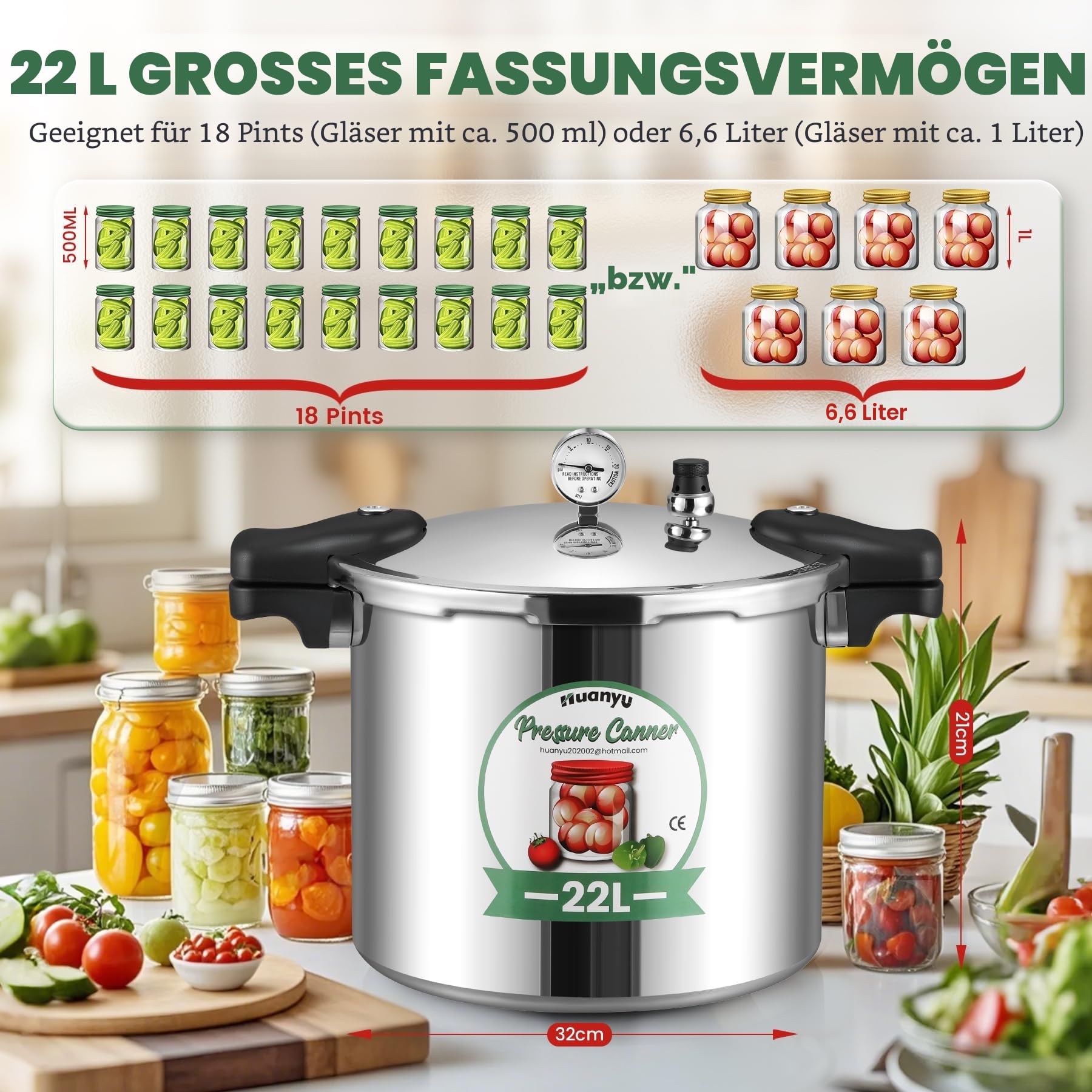 Huanyu 22L Druck Canner mit Manometer und 15PSI Druck Gewicht kann Sterilisator mit Alloy Base kompatibel für Induktion und Gasherde Druckkocher für Konserven