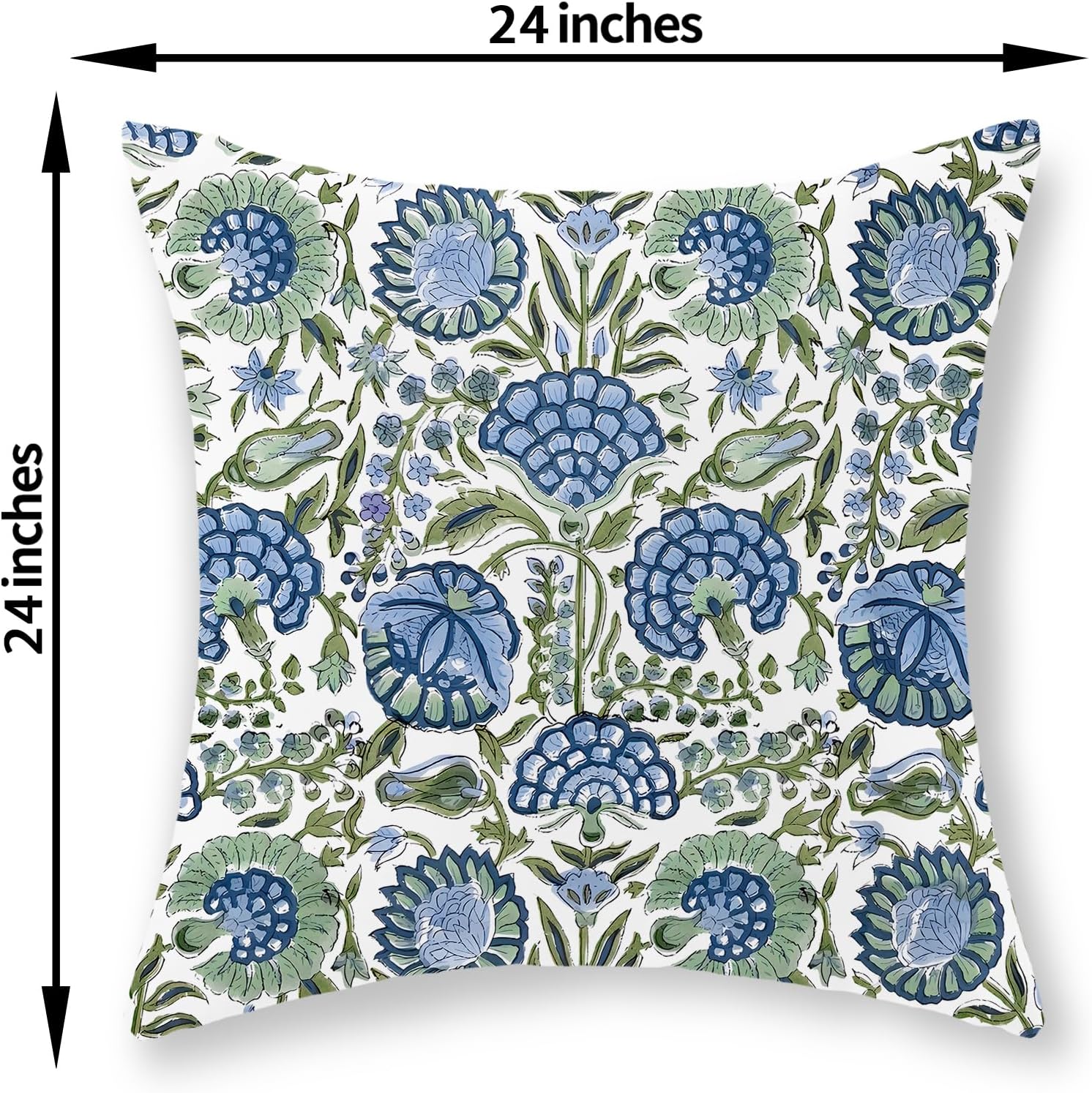 Boho Navy Blue Pillow Covers 24x24 Inch Set of 2 Blue Sage Green Floral Throw Pillows Vintage Flower Outdoor Farmhouse Decoration Pillow Cases Cotton Cushion Cover Decor for Couch Sofa Bed