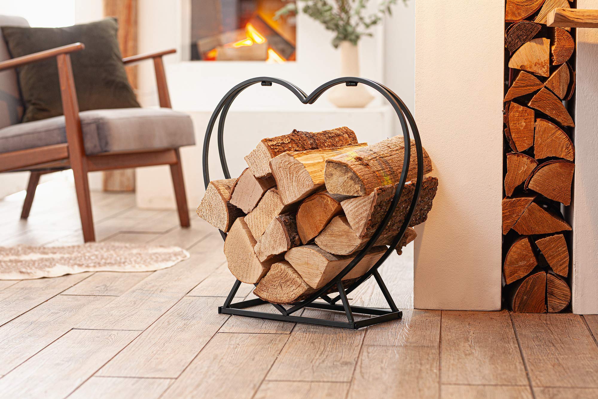 FRANK FLECHTWAREN Kaminholzständer in Herz Form, Kaminholzhalter, Kaminholzkorb, Kaminholzregal Herz, Hochzeitsgeschenk, Romantik, Valentin, 55 x 18 x 54 cm Herzform